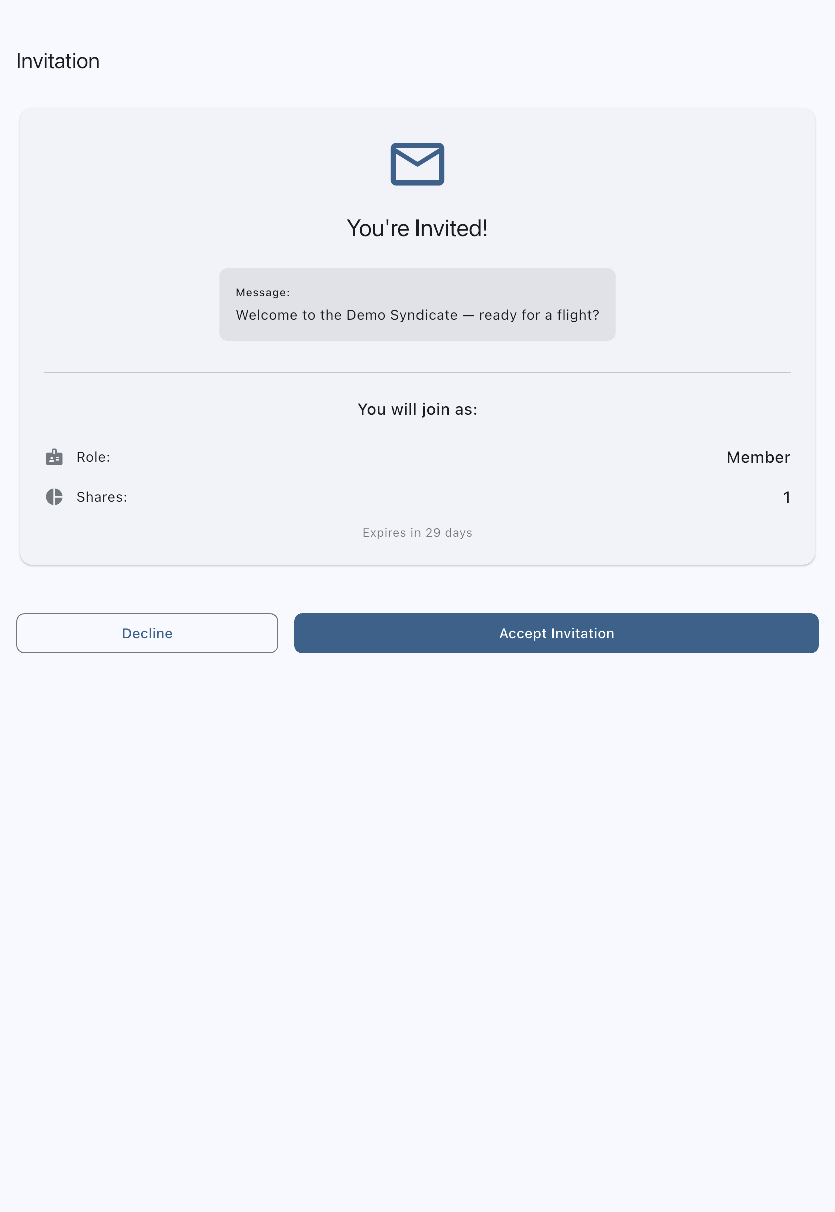 Invitation page for a signed-in user, showing Decline and Accept Invitation buttons