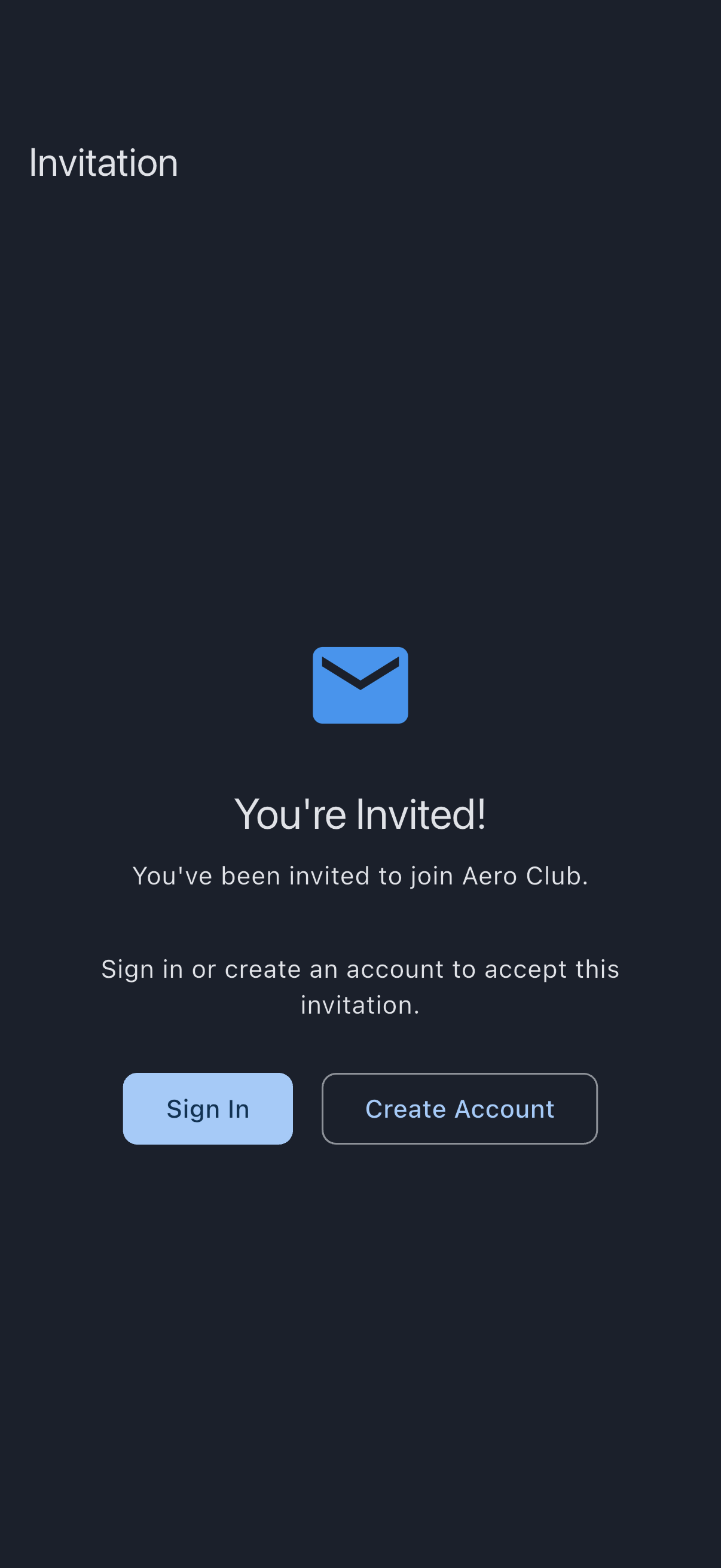 Invitation landing page for a signed-out user, with Sign In and Create Account buttons