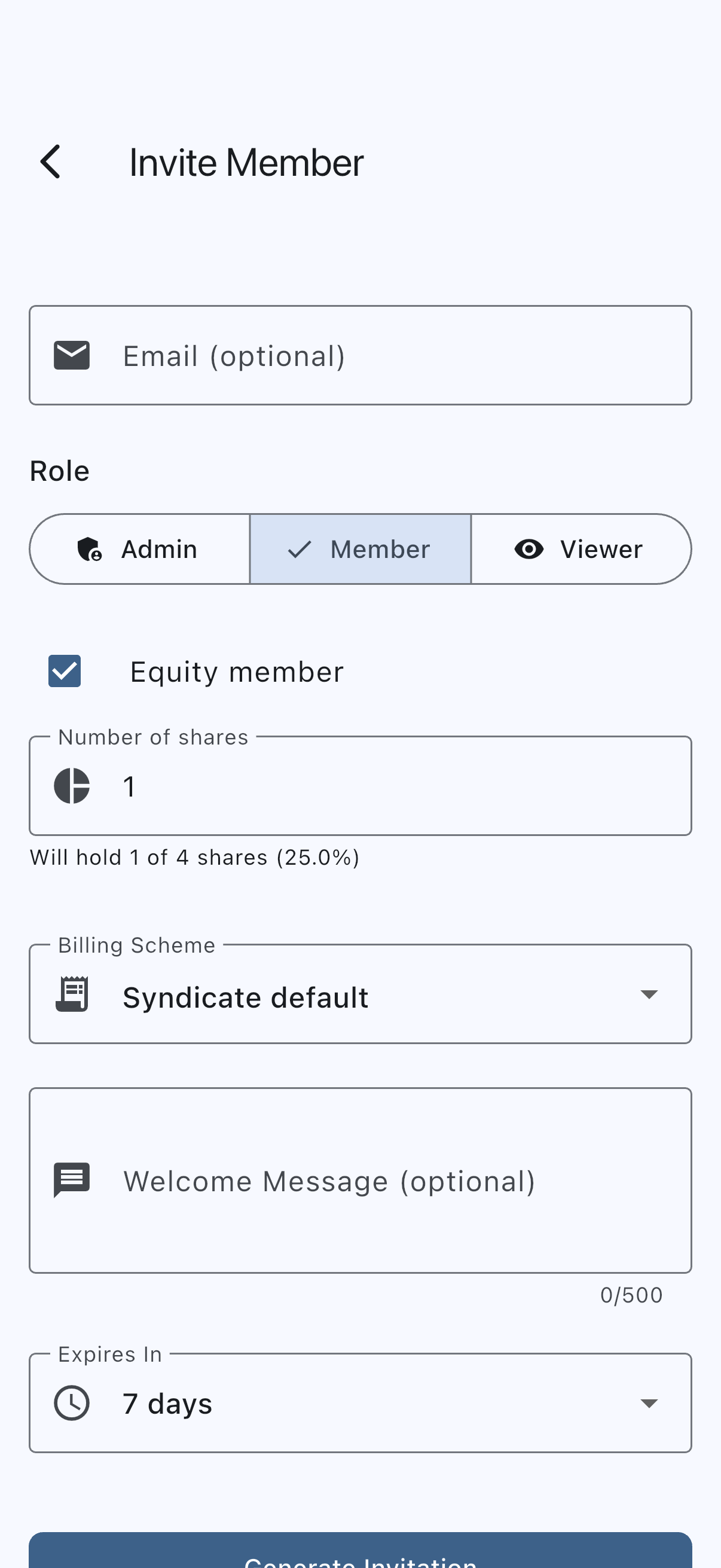 The Invite Member screen showing the optional Email field, the Admin / Member / Viewer role selector, the Equity member checkbox ticked with a Number of shares field and its share-percentage preview, the Billing Scheme dropdown, the Expires In selector, and the Generate Invitation button