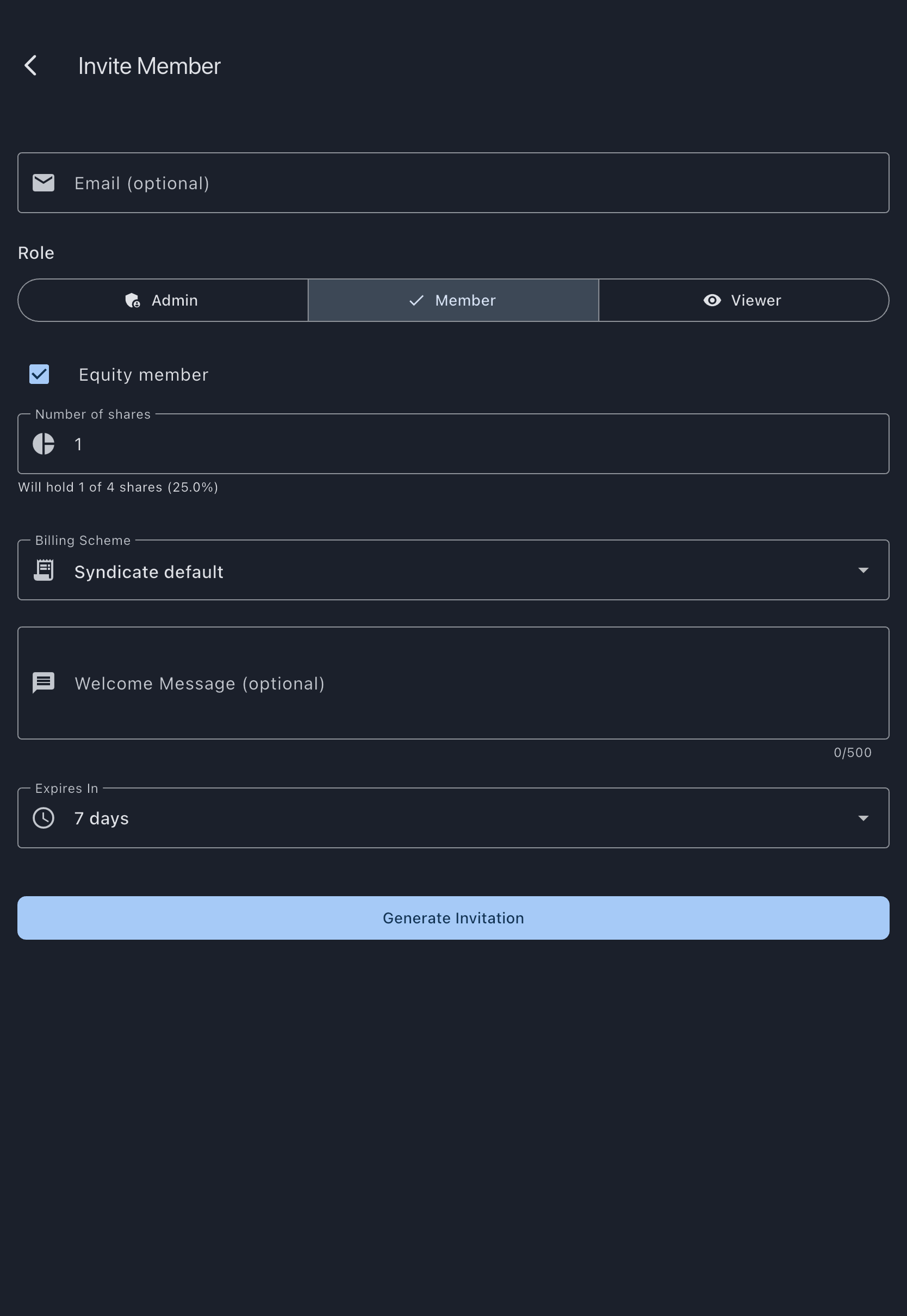The Invite Member screen showing the optional Email field, the Admin / Member / Viewer role selector, the Equity member checkbox ticked with a Number of shares field and its share-percentage preview, the Billing Scheme dropdown, the Expires In selector, and the Generate Invitation button