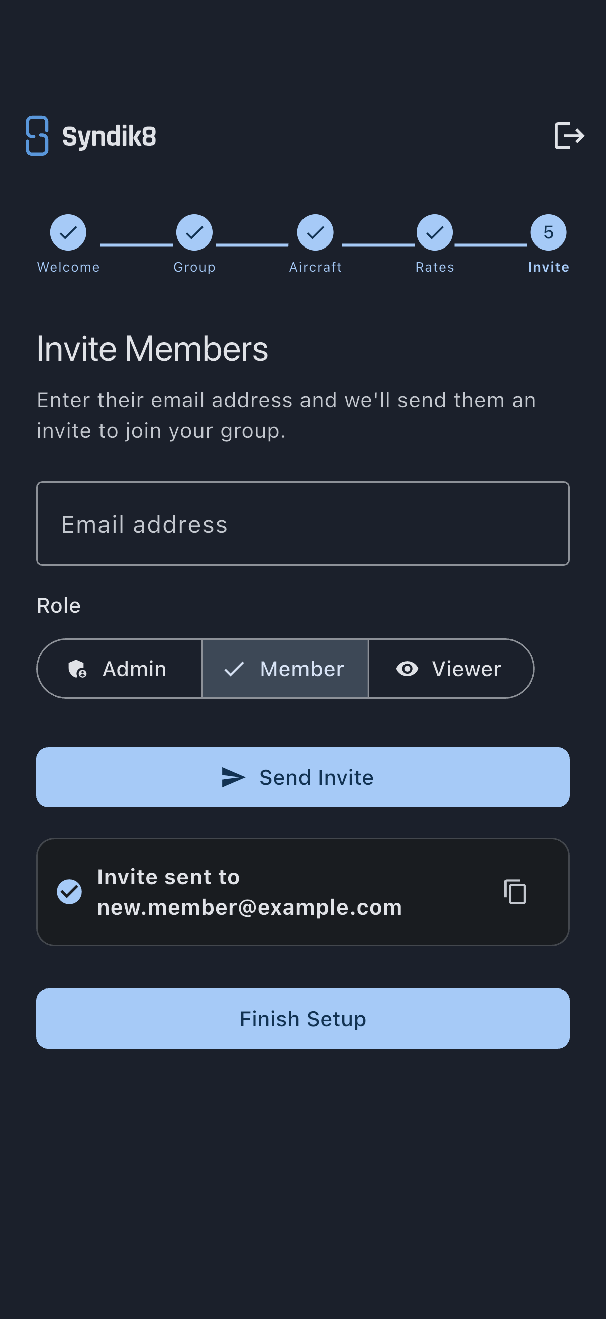 Invite Members step with an email field, a role selector, and a confirmation card for a sent invite