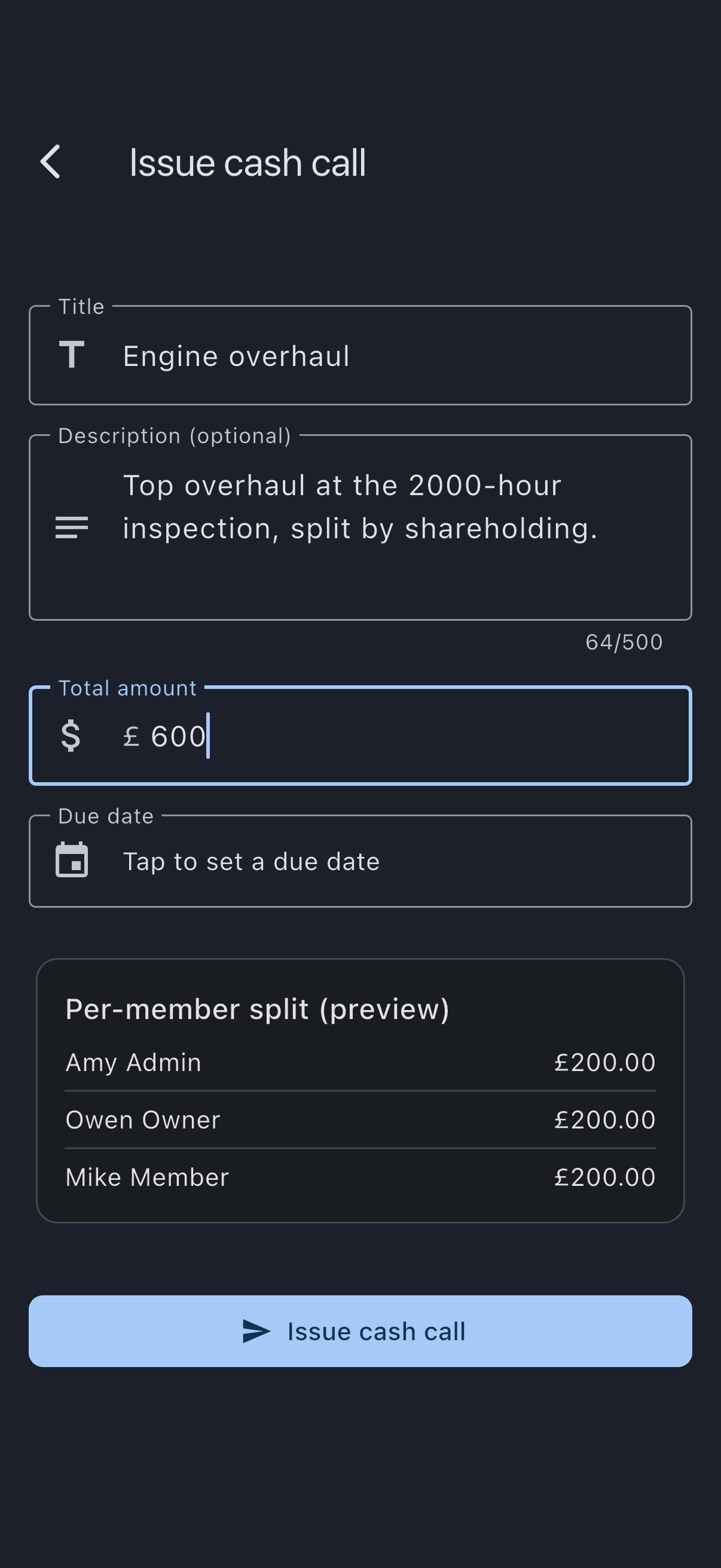 The create cash call screen with a title, a total amount, and the live split preview listing what each equity member will be charged