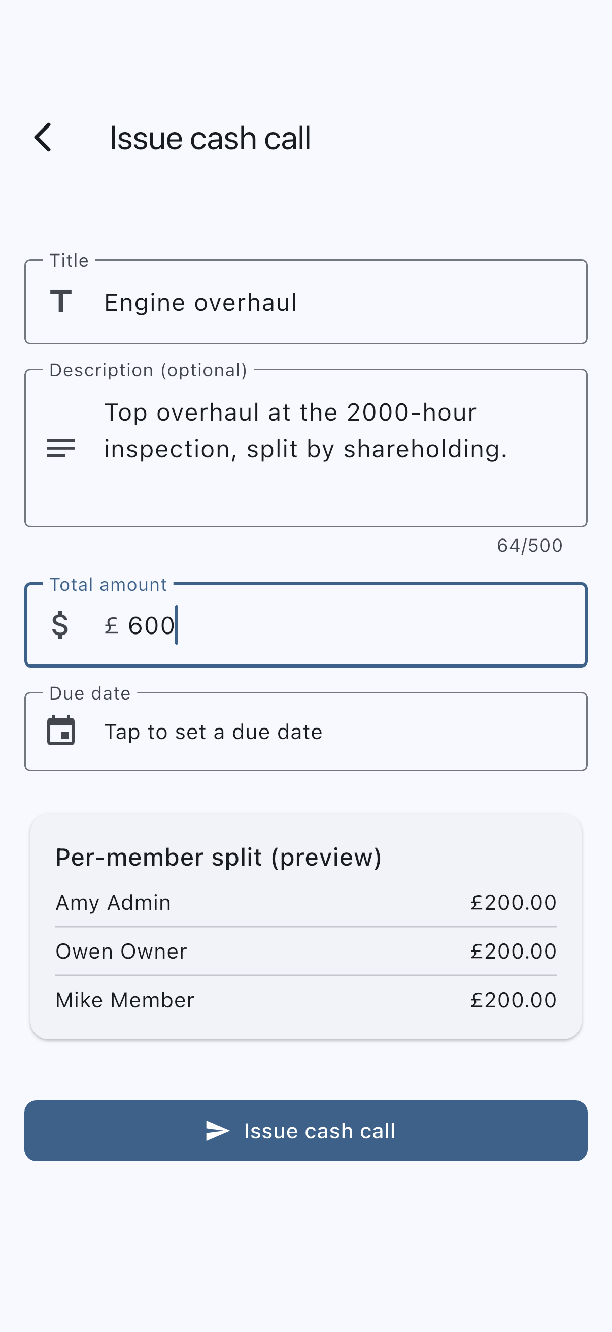 The create cash call screen with a title, a total amount, and the live split preview listing what each equity member will be charged