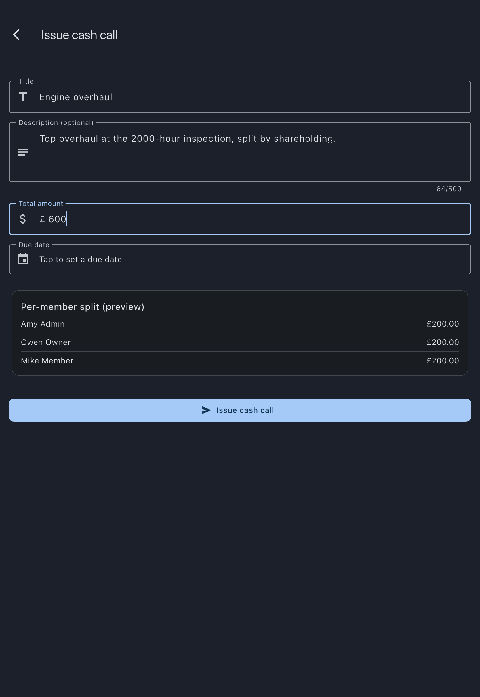 The create cash call screen with a title, a total amount, and the live split preview listing what each equity member will be charged