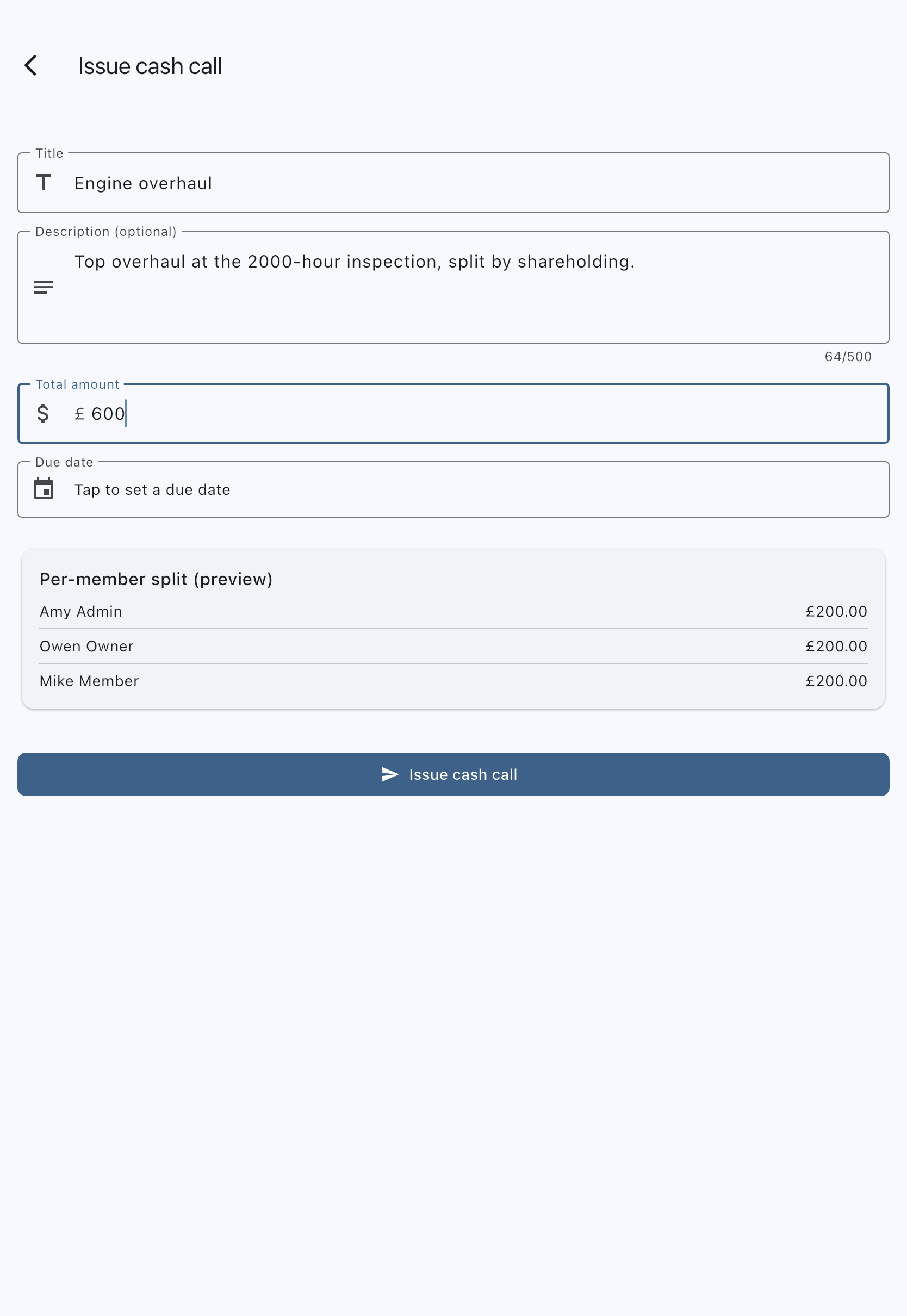 The create cash call screen with a title, a total amount, and the live split preview listing what each equity member will be charged