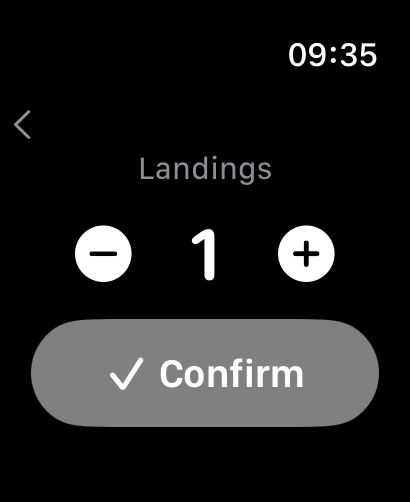 The Landings step with a stepper reading 1, minus and plus buttons either side, and the Confirm button