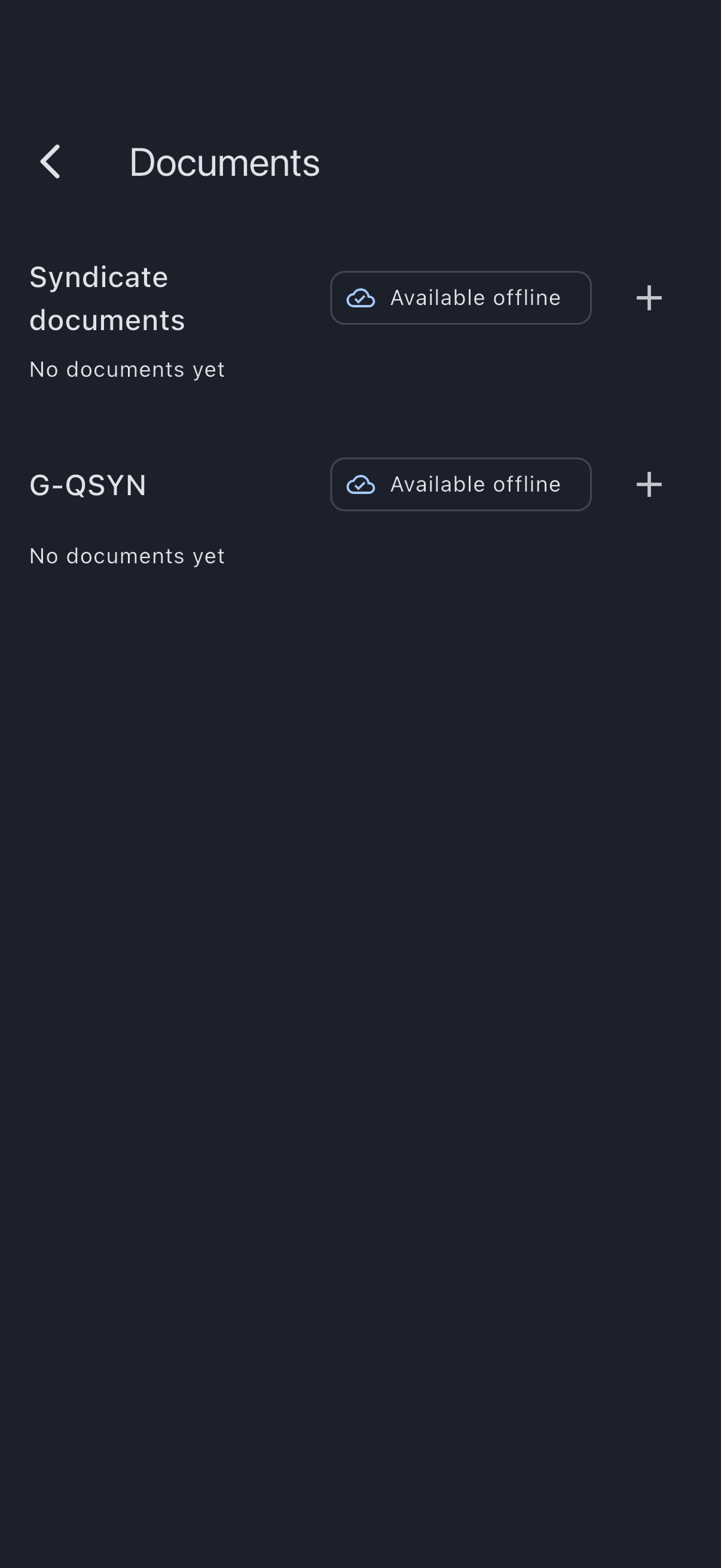 Empty document library with the syndicate section and one asset section, both showing no documents