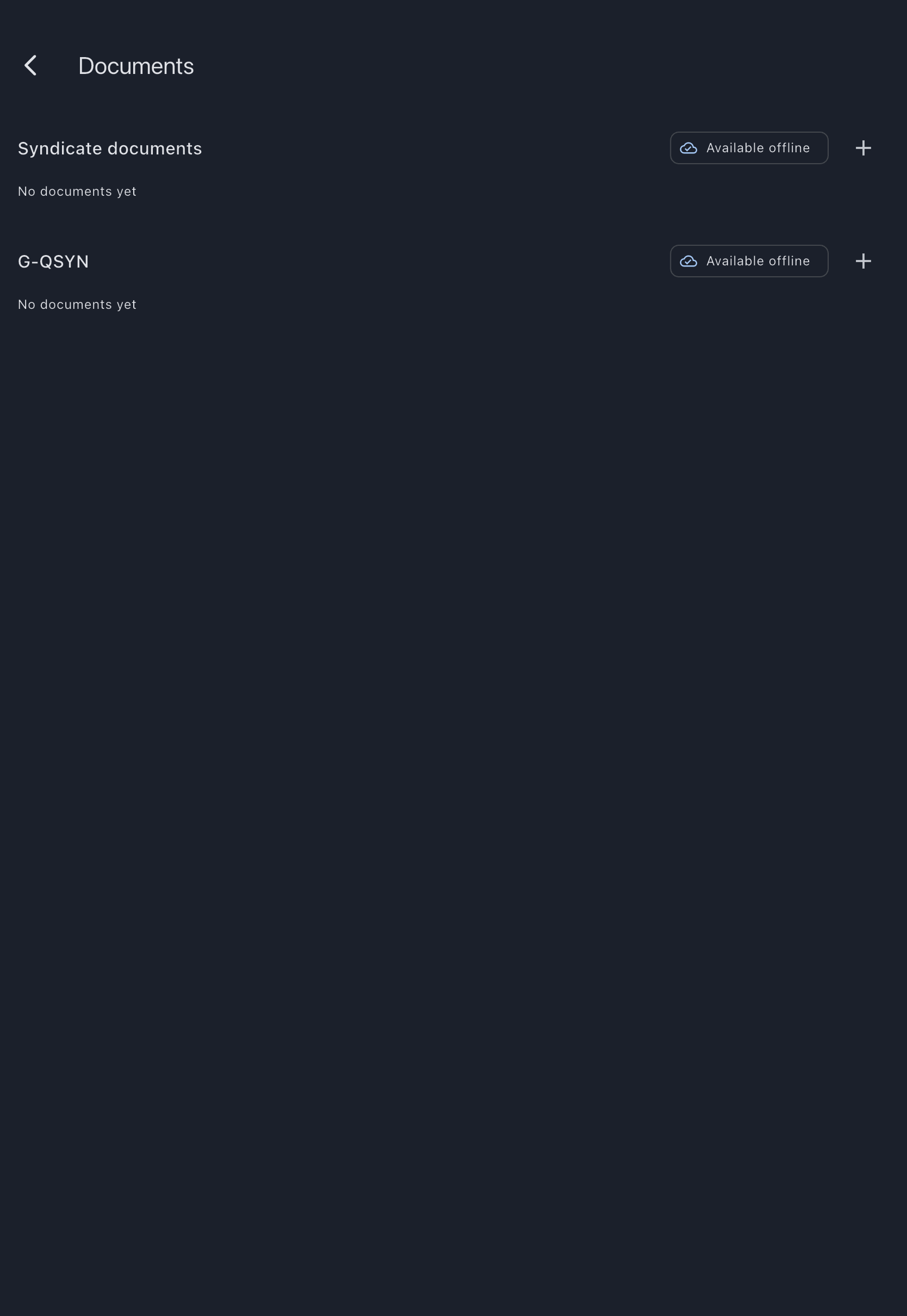 Empty document library with the syndicate section and one asset section, both showing no documents