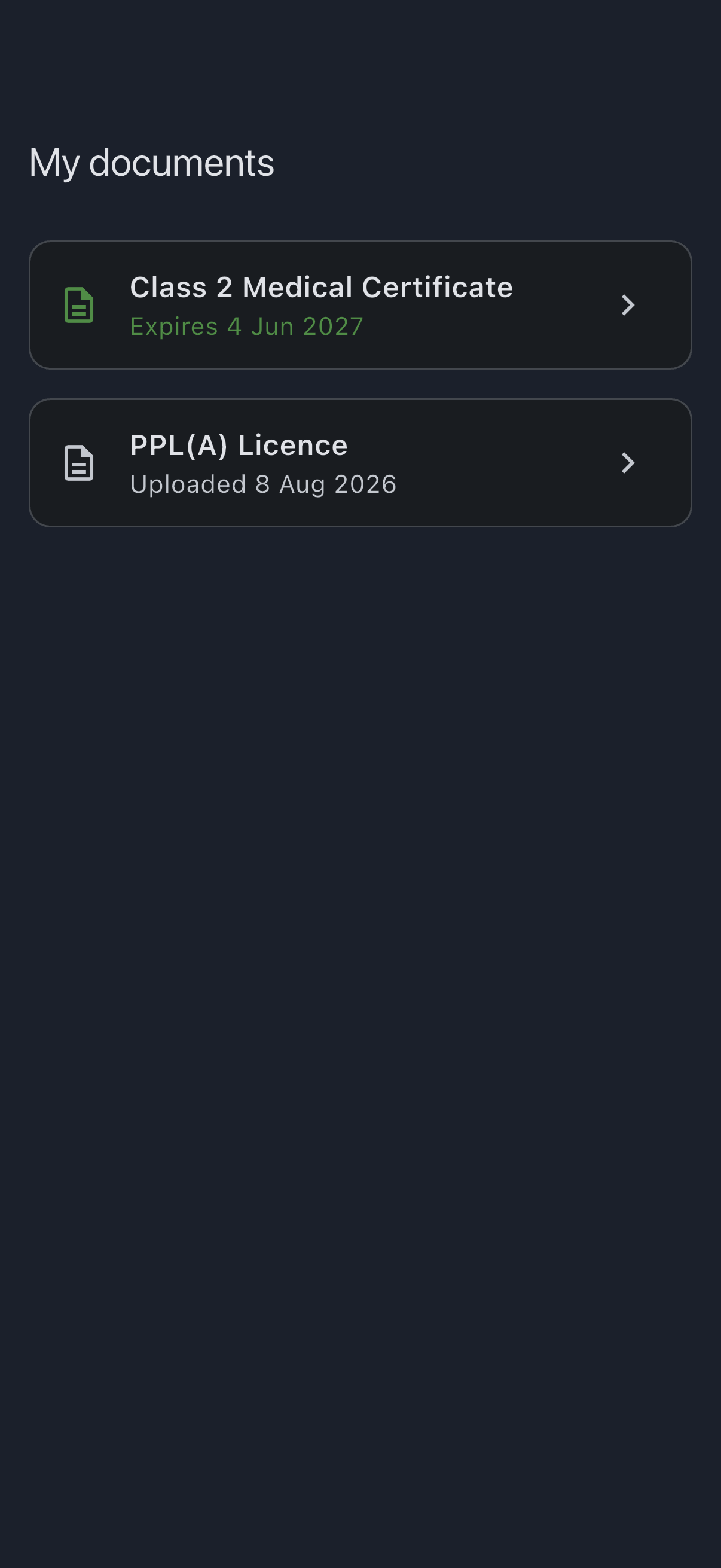The My documents screen with the Licence tile showing the licence title and the upload date