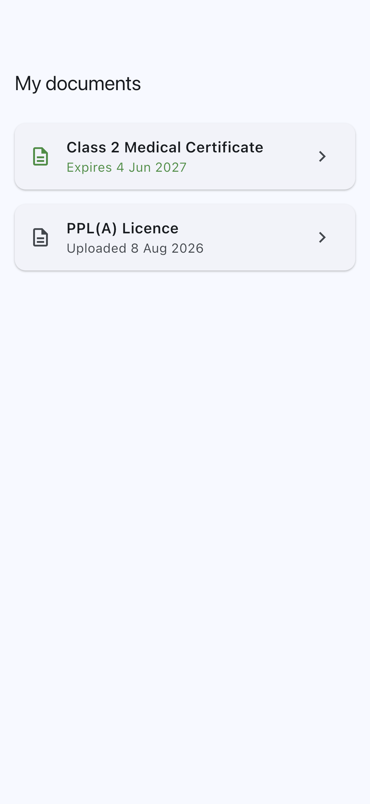 The My documents screen with the Licence tile showing the licence title and the upload date