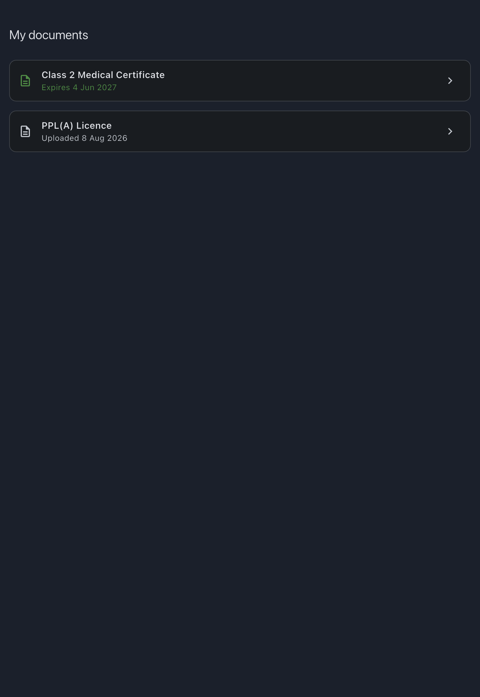 The My documents screen with the Licence tile showing the licence title and the upload date