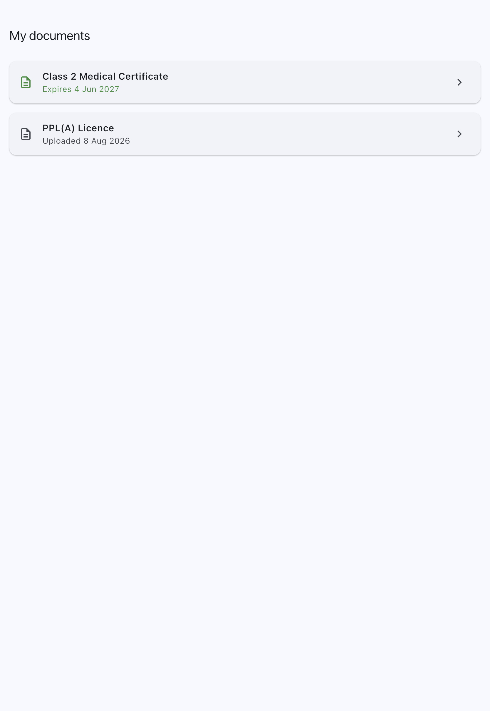 The My documents screen with the Licence tile showing the licence title and the upload date