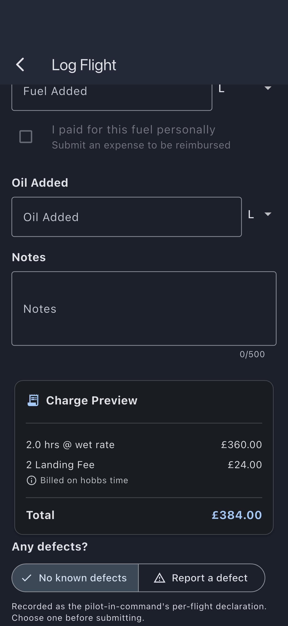 The Log Flight form with the meter start and end readings, departure and arrival airfields, the landing count, and the Any defects? choice offering No known defects or Report a defect