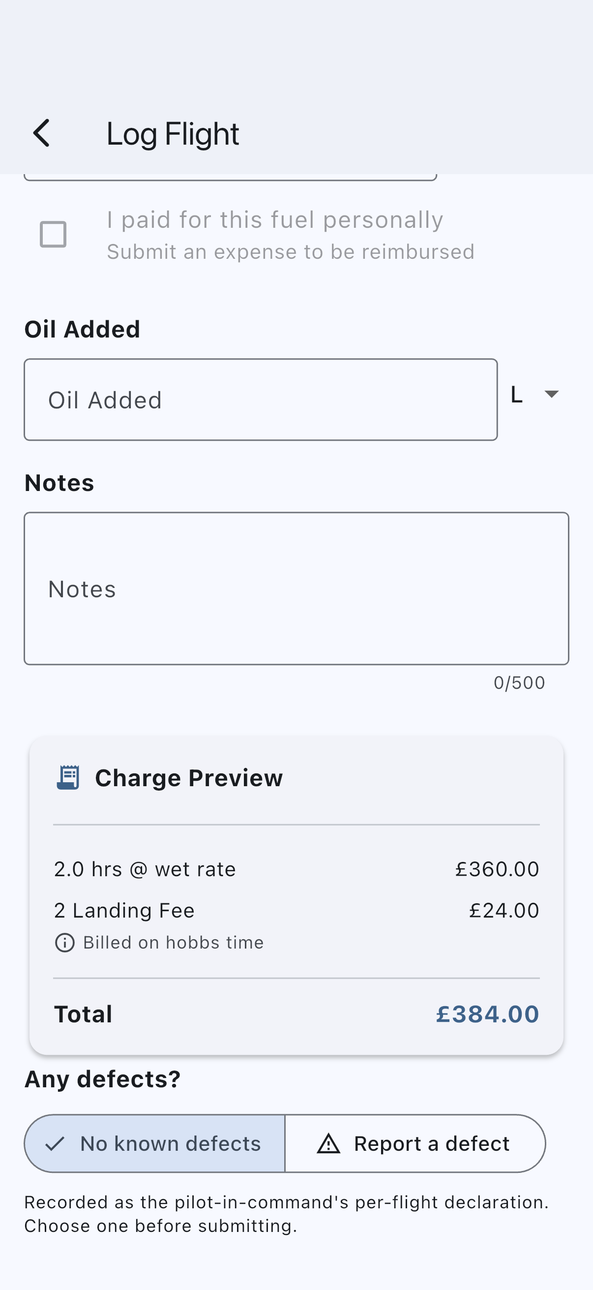 The Log Flight form with the meter start and end readings, departure and arrival airfields, the landing count, and the Any defects? choice offering No known defects or Report a defect