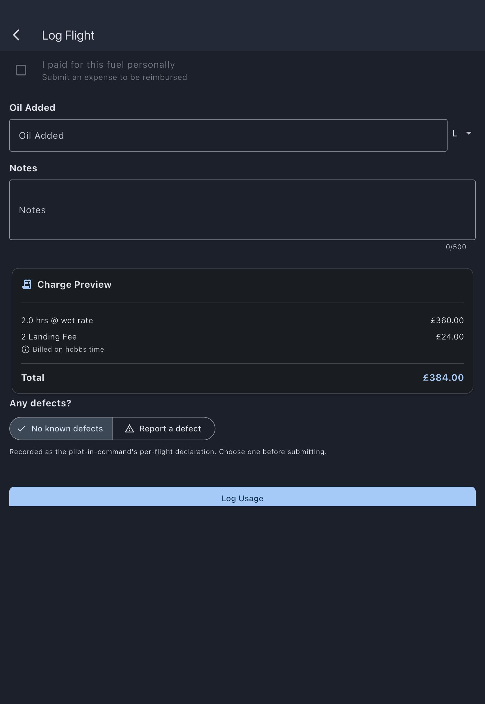 The Log Flight form with the meter start and end readings, departure and arrival airfields, the landing count, and the Any defects? choice offering No known defects or Report a defect