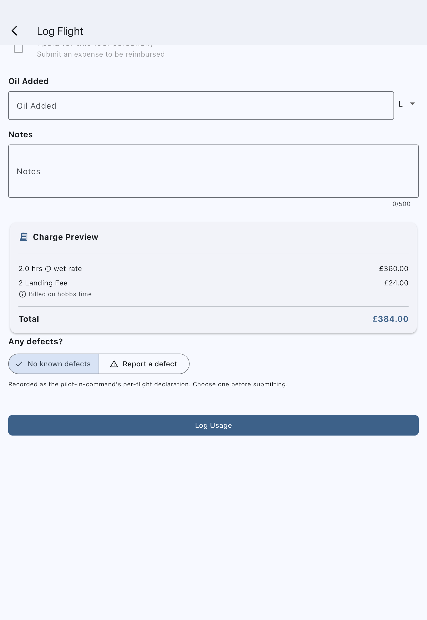 The Log Flight form with the meter start and end readings, departure and arrival airfields, the landing count, and the Any defects? choice offering No known defects or Report a defect