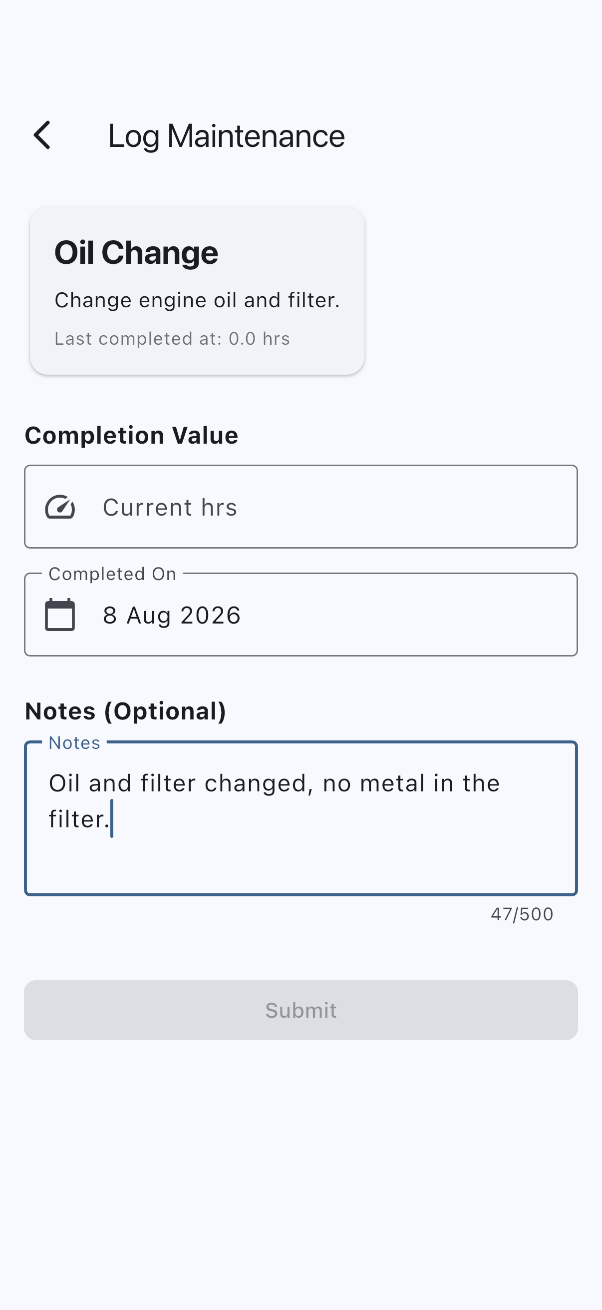 The Log Completion form for a usage-based item, showing the Completion Value field holding the meter reading at completion, the Completed On date beneath it, and a note describing the work below that