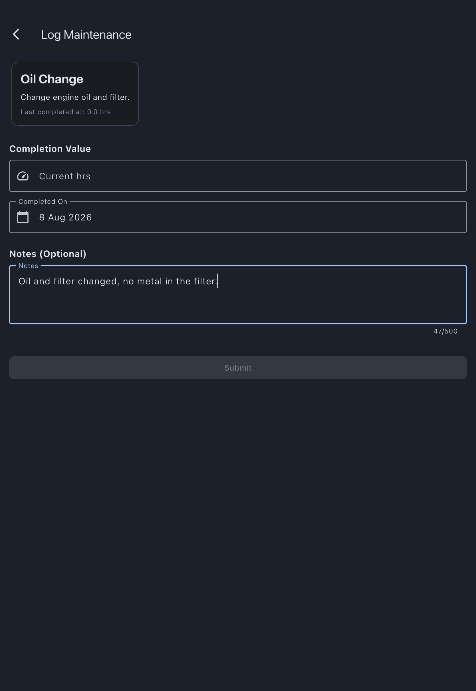 The Log Completion form for a usage-based item, showing the Completion Value field holding the meter reading at completion, the Completed On date beneath it, and a note describing the work below that
