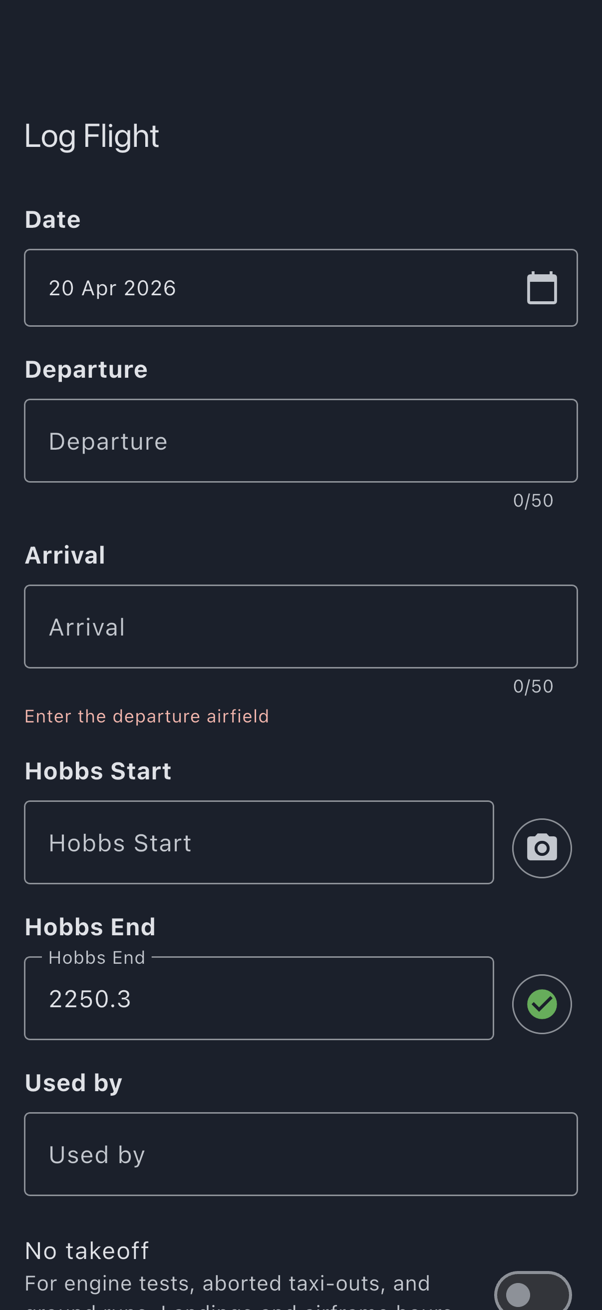 Log Flight form with a green confirmation tick next to the Hobbs End field, showing the meter photo is attached and ready to upload