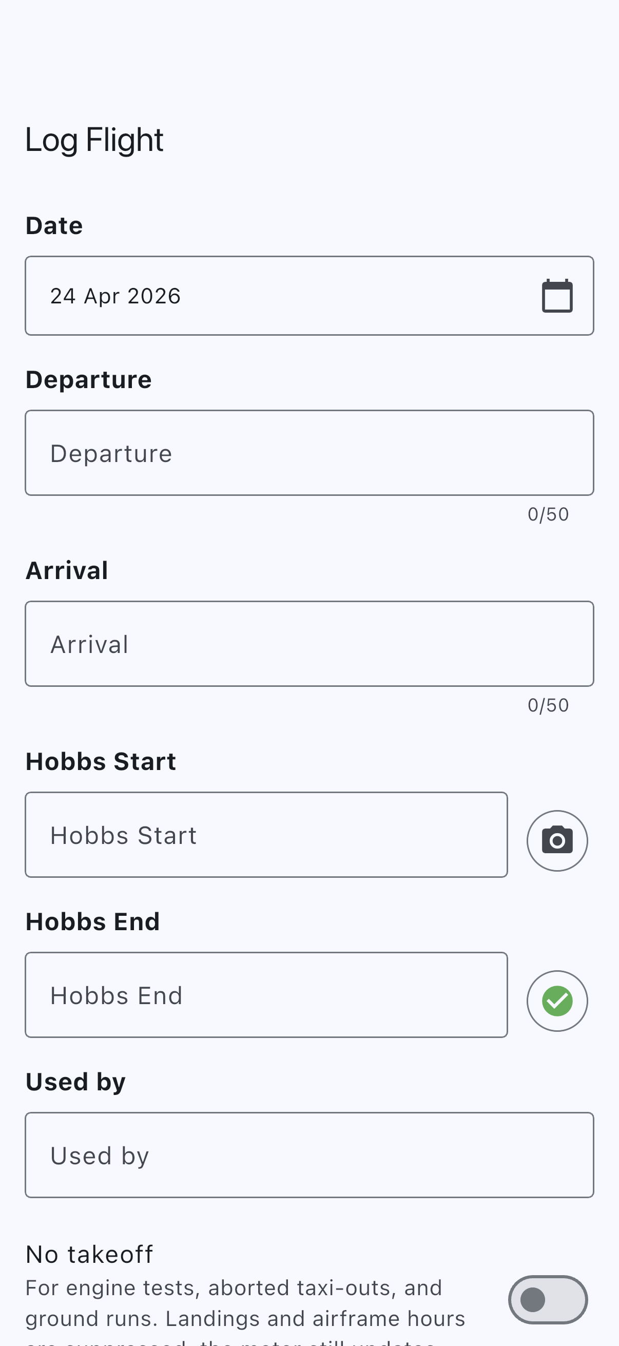 Log Flight form with a green confirmation tick next to the Hobbs End field, showing the meter photo is attached and ready to upload