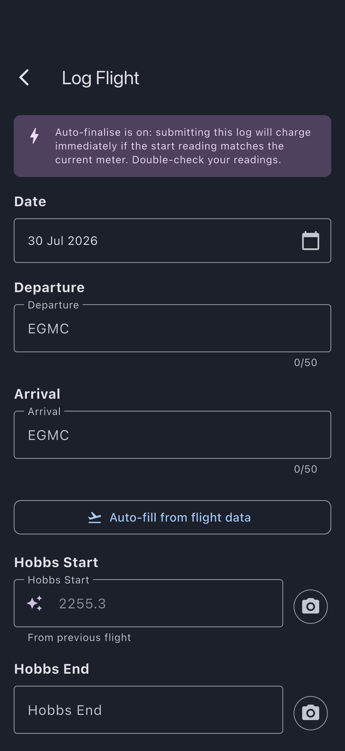 Empty Log Flight form with meter, airfield, landings and notes fields