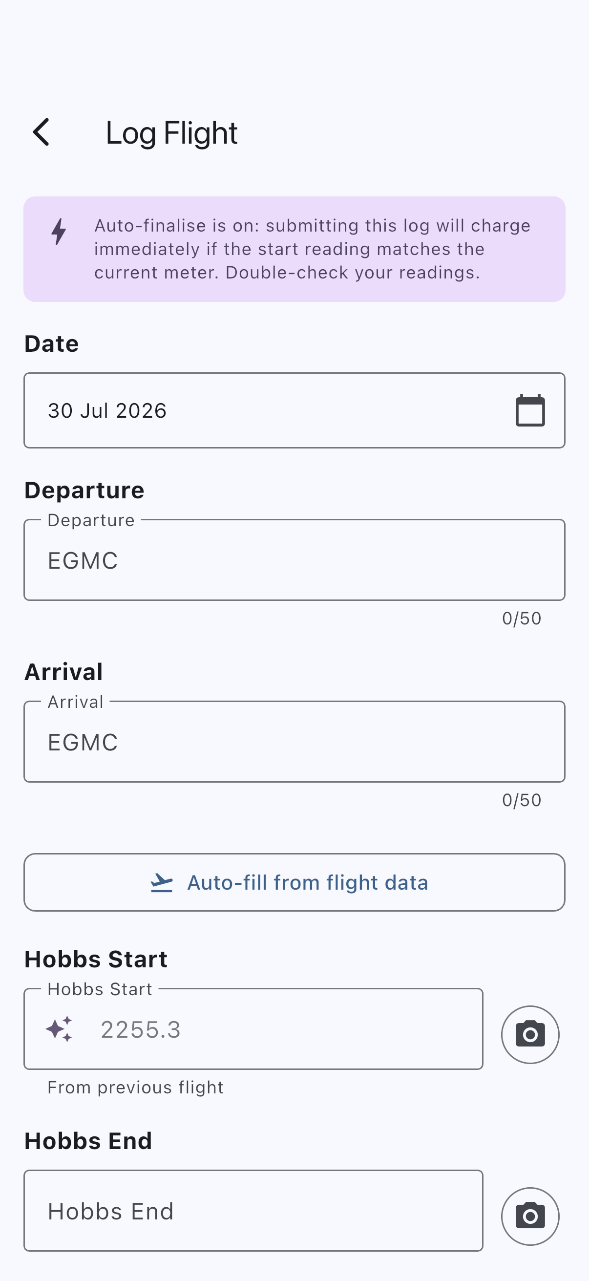 Empty Log Flight form with meter, airfield, landings and notes fields