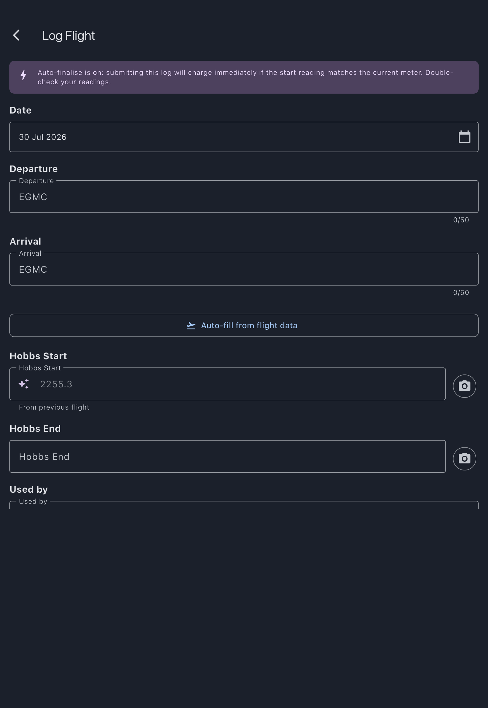 Empty Log Flight form with meter, airfield, landings and notes fields