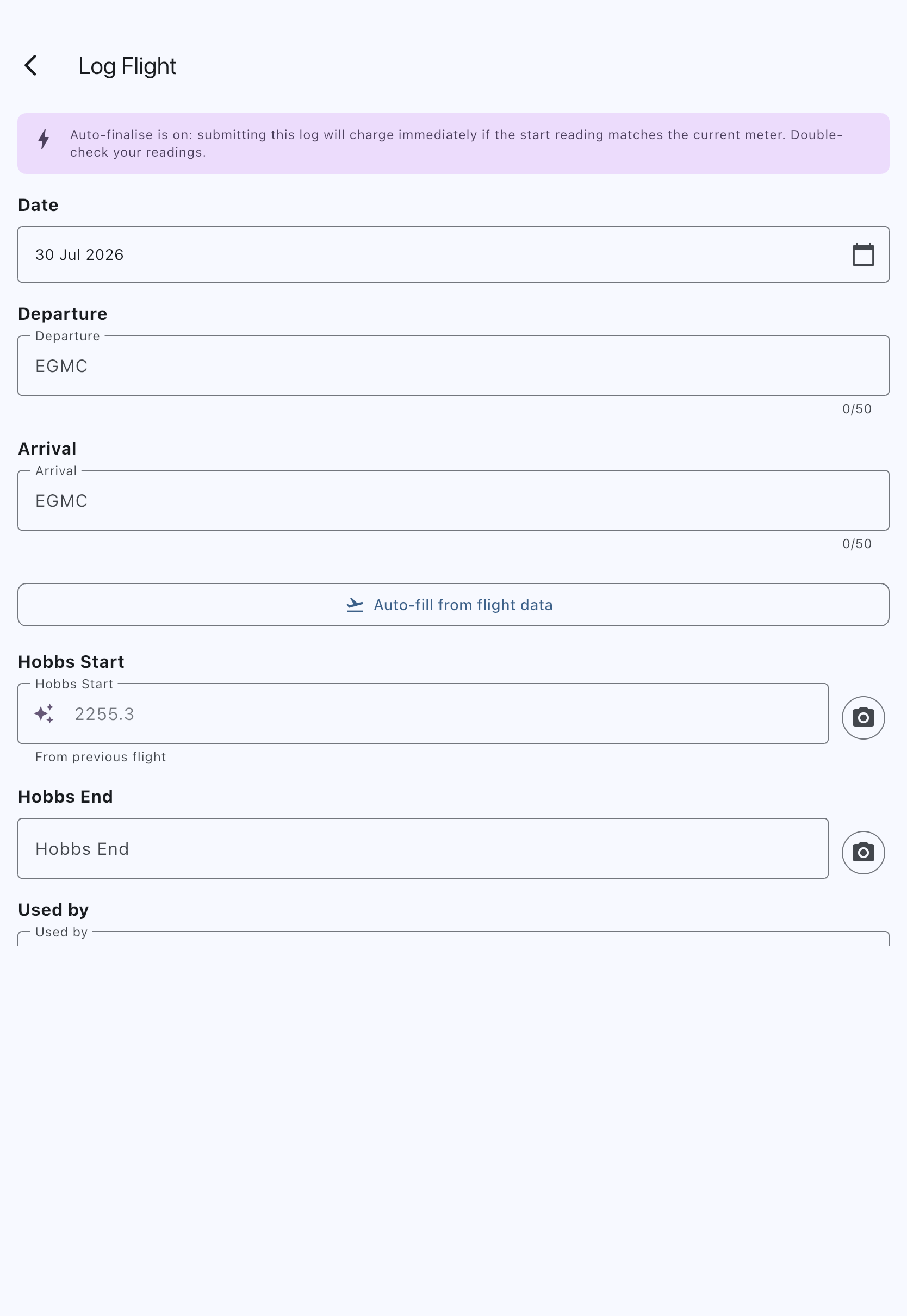 Empty Log Flight form with meter, airfield, landings and notes fields
