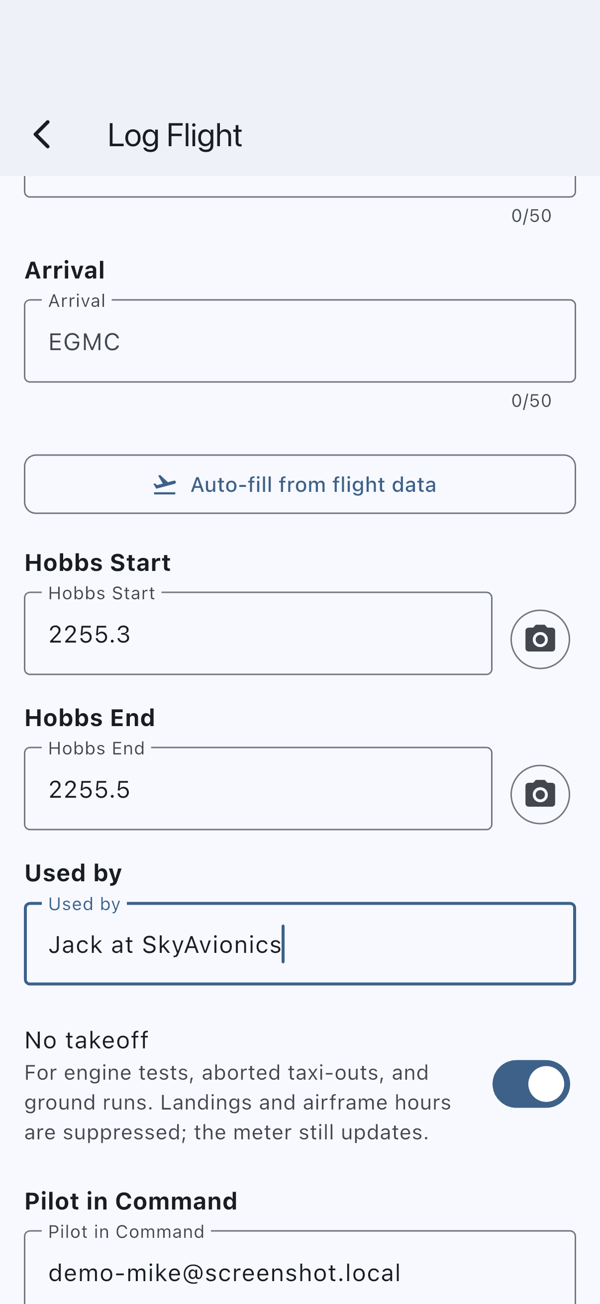 The usage log form for a maintenance booking, with Used by set to the person who ran the engine and the ground run choice selected, so the landings and touch-and-go fields are hidden