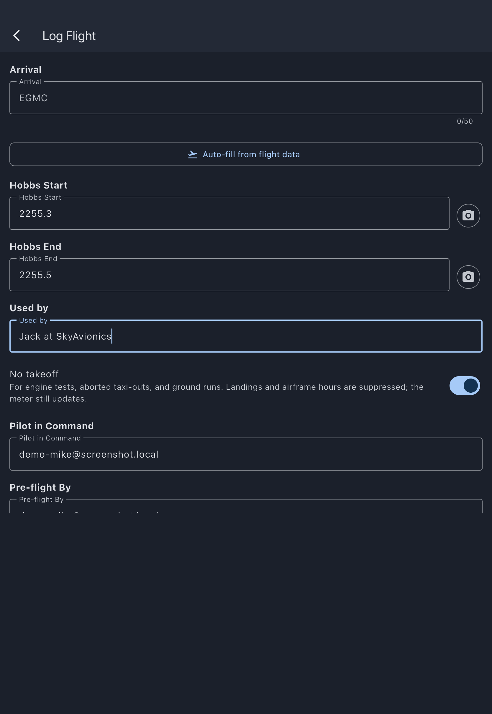 The usage log form for a maintenance booking, with Used by set to the person who ran the engine and the ground run choice selected, so the landings and touch-and-go fields are hidden