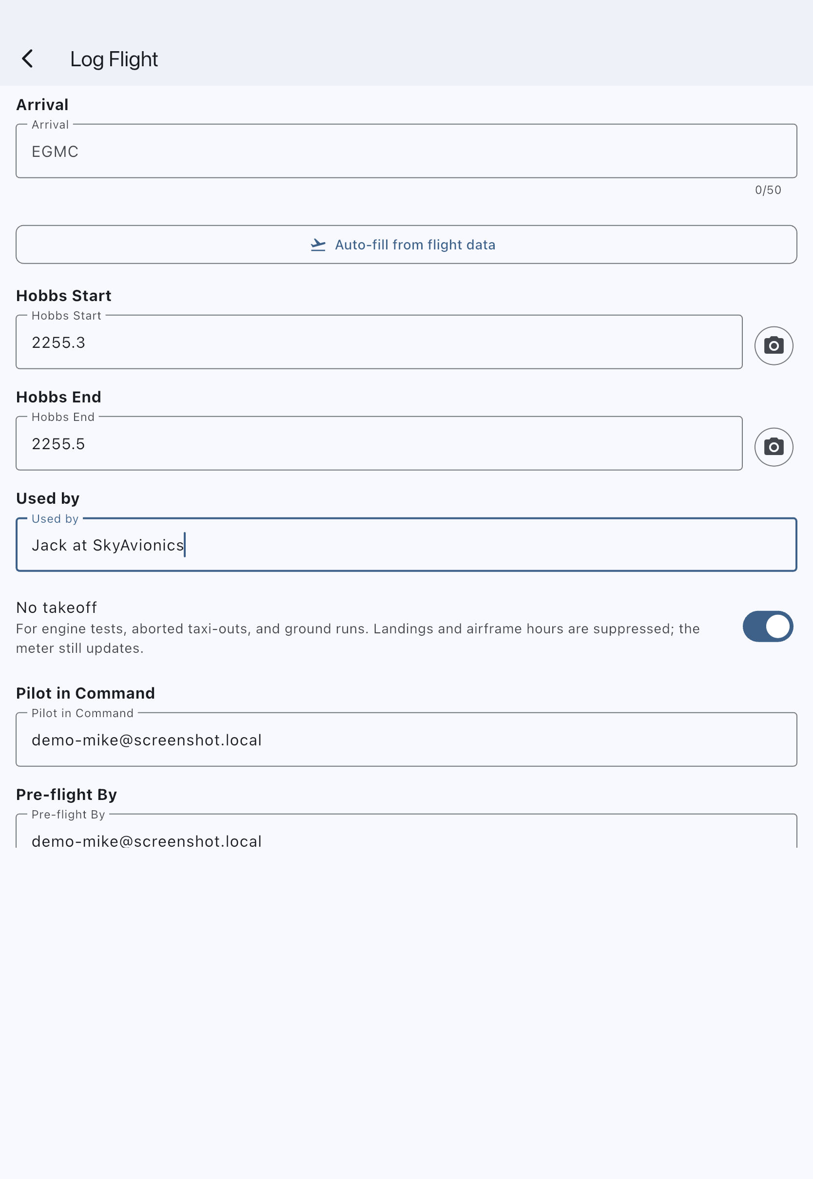 The usage log form for a maintenance booking, with Used by set to the person who ran the engine and the ground run choice selected, so the landings and touch-and-go fields are hidden