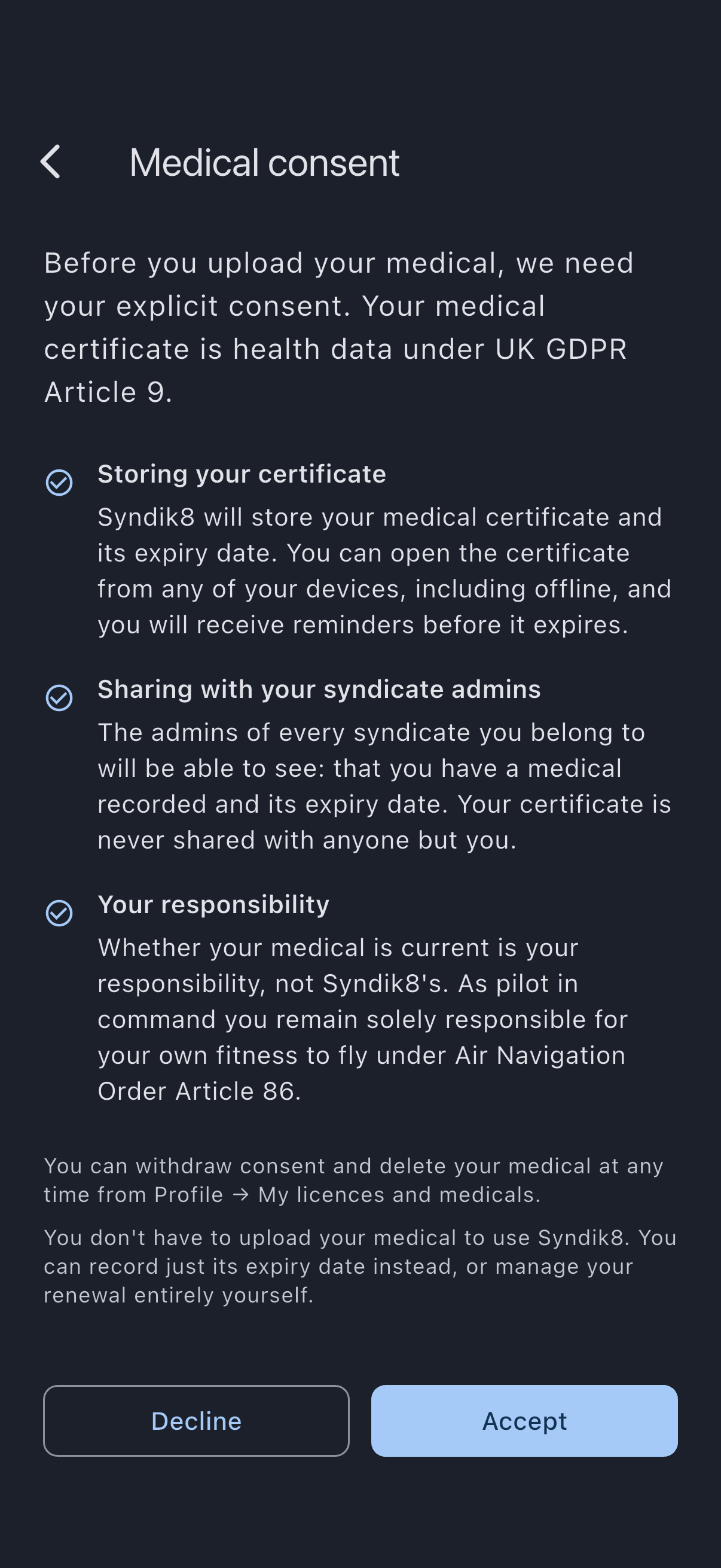 Medical consent screen with its three headed points: what is stored, what admins can see, and your own responsibility for currency