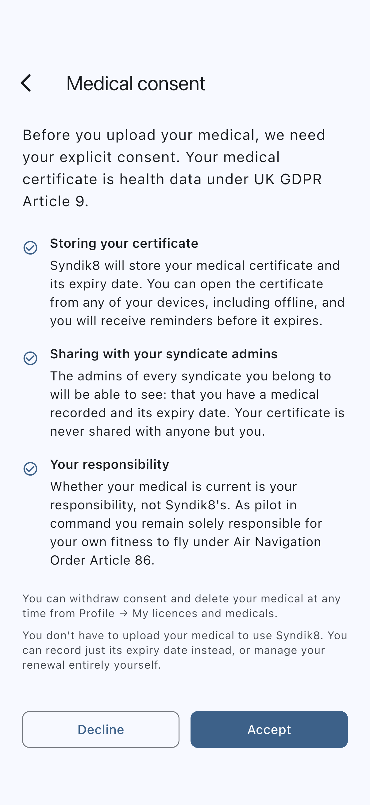 Medical consent screen with its three headed points: what is stored, what admins can see, and your own responsibility for currency