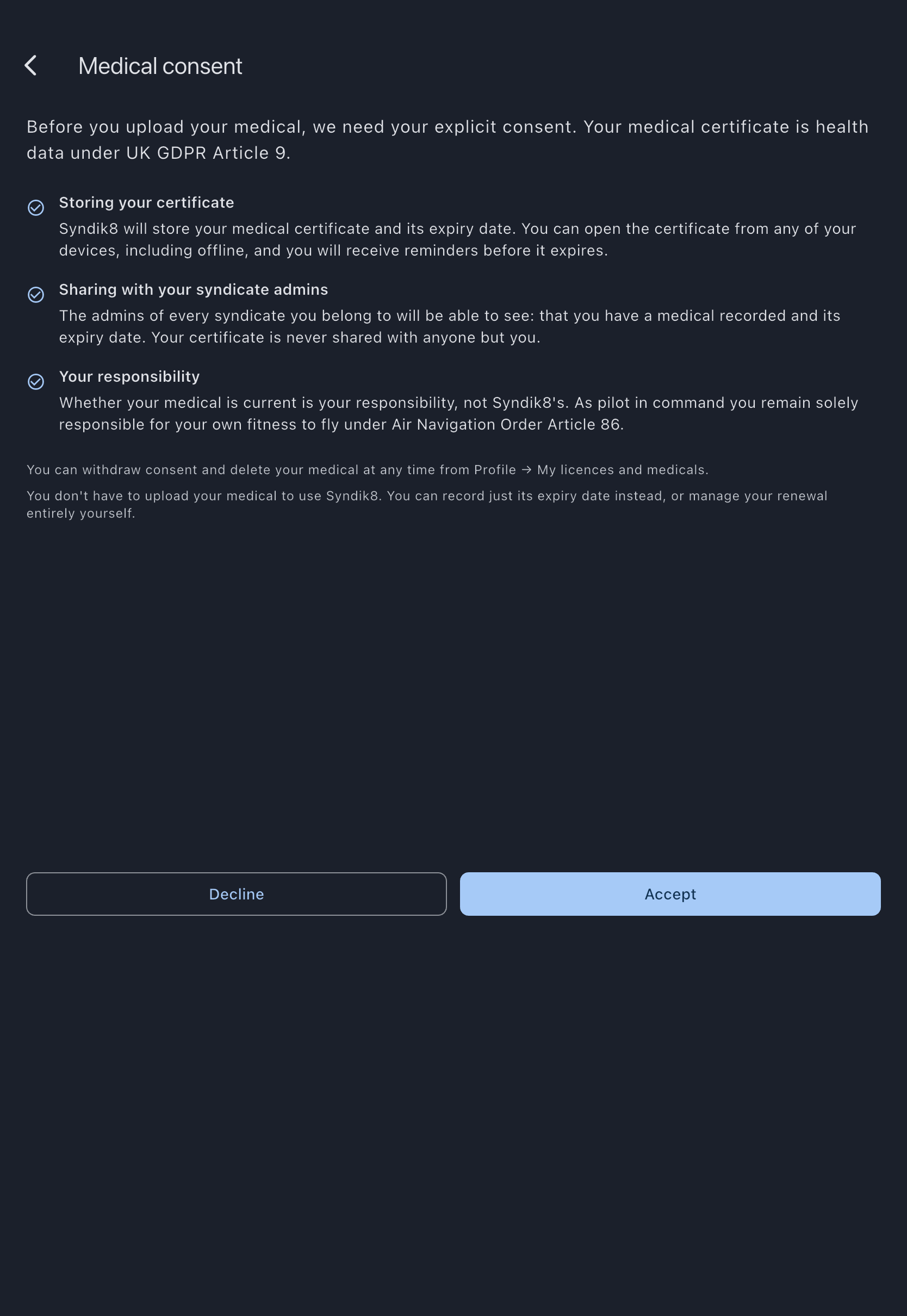 Medical consent screen with its three headed points: what is stored, what admins can see, and your own responsibility for currency