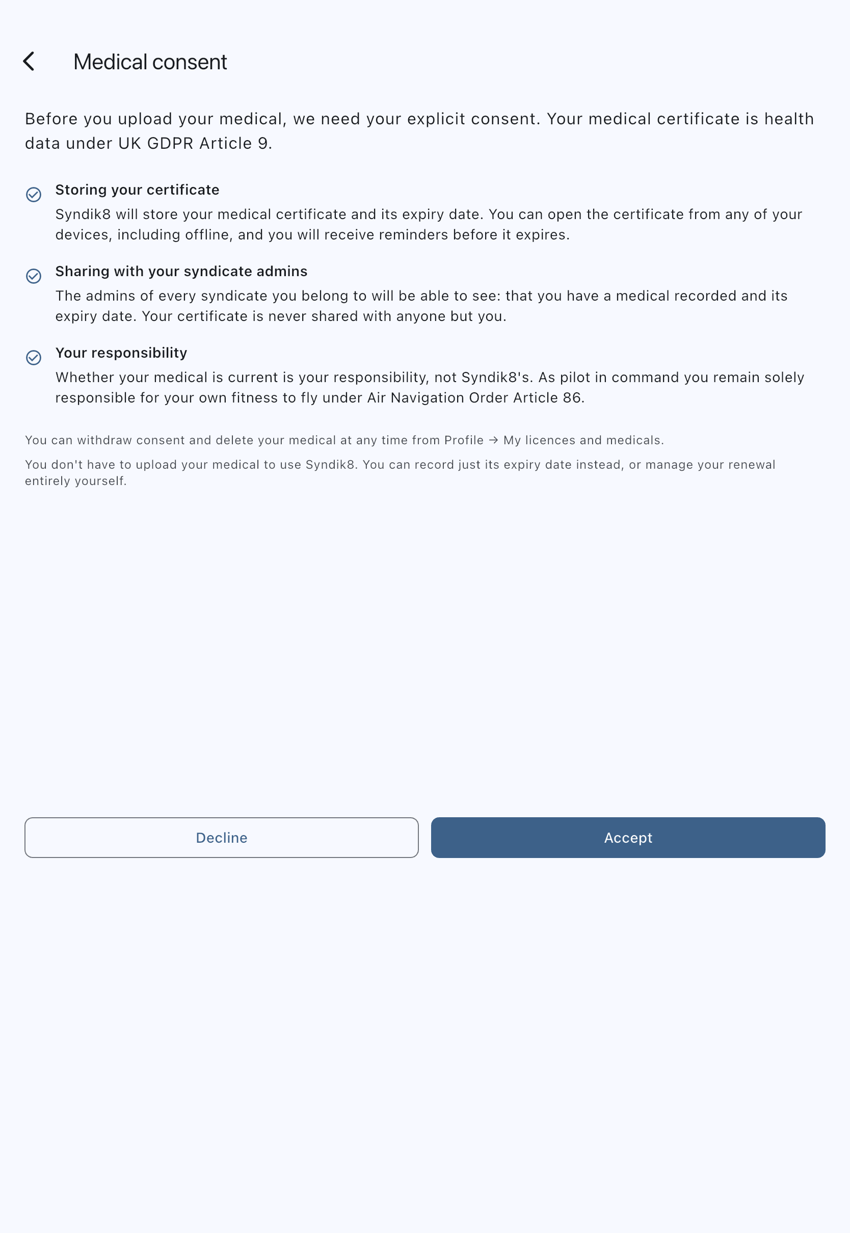 Medical consent screen with its three headed points: what is stored, what admins can see, and your own responsibility for currency