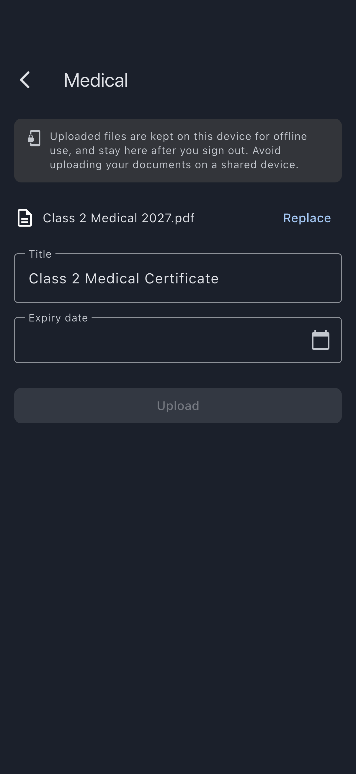 Medical upload form with the certificate chosen, the title filled in, and the expiry not yet picked