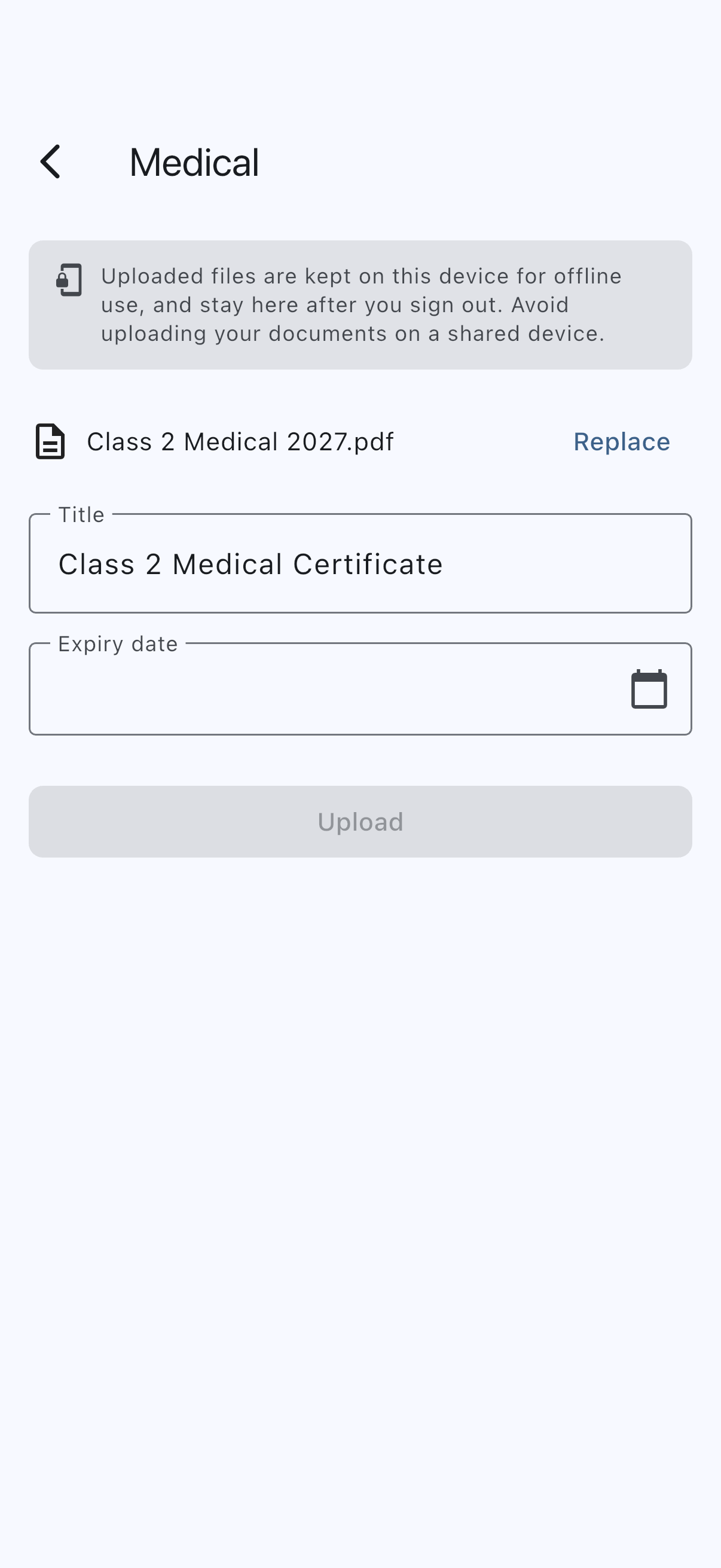 Medical upload form with the certificate chosen, the title filled in, and the expiry not yet picked