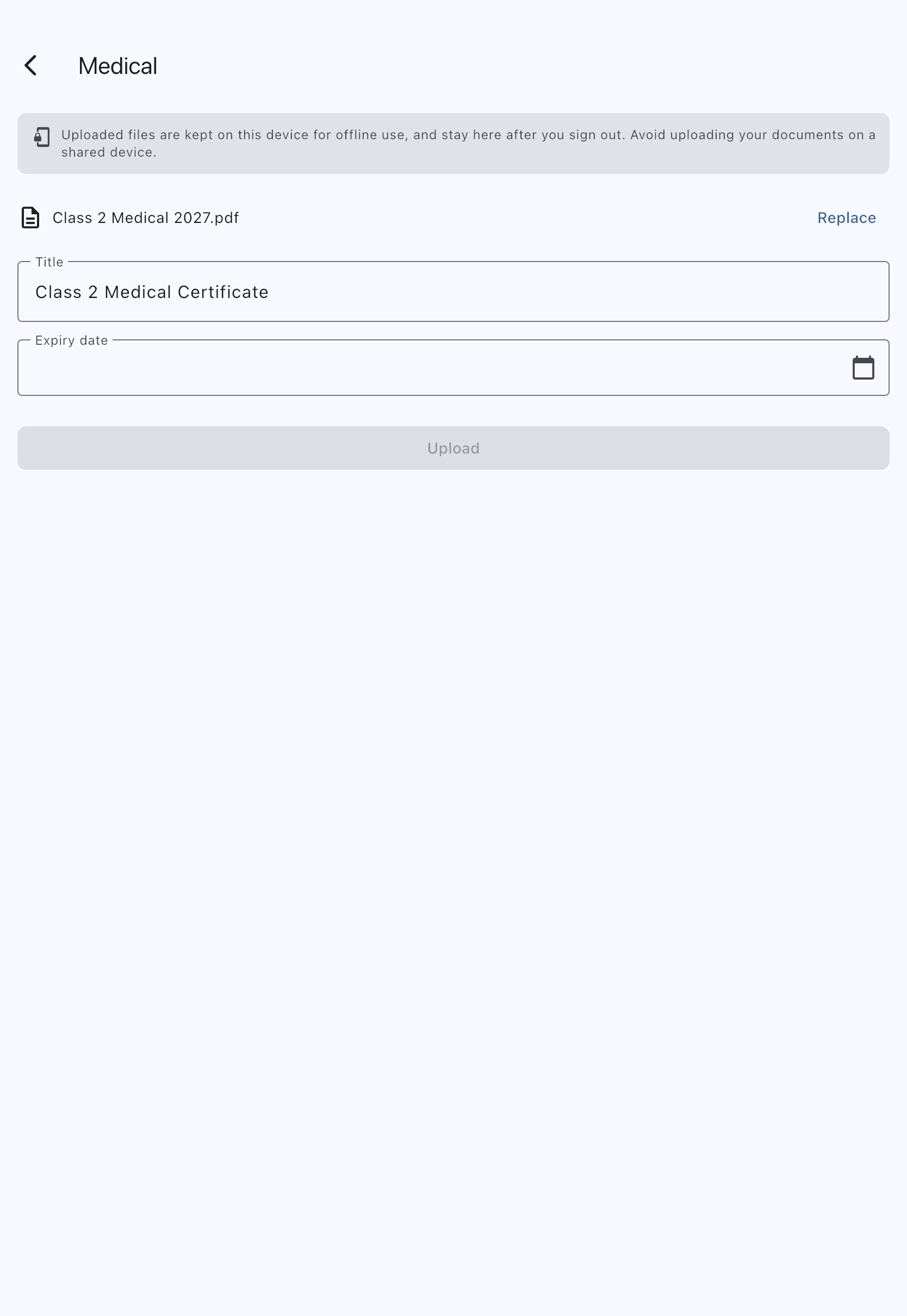 Medical upload form with the certificate chosen, the title filled in, and the expiry not yet picked