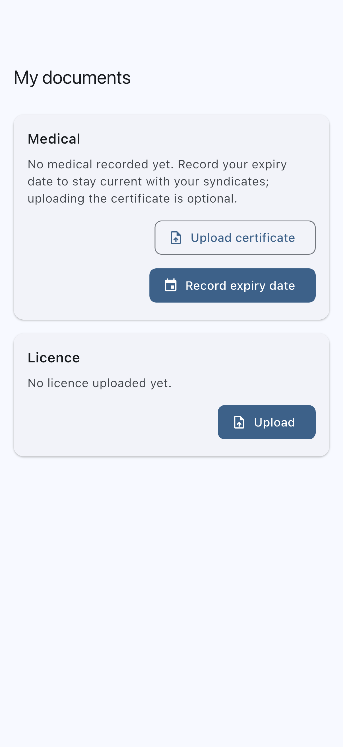 My documents screen with the empty Medical and Licence tiles