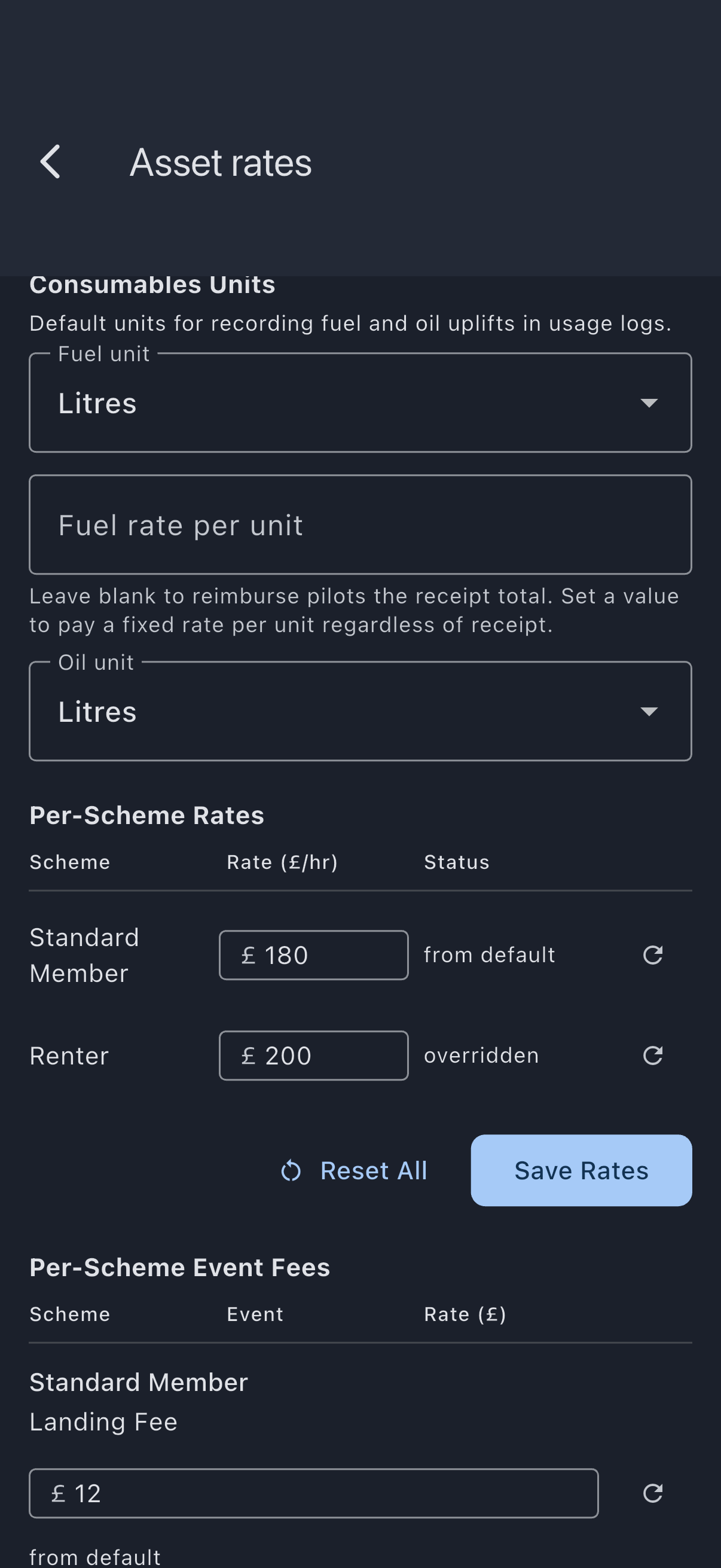 The Per-Scheme Rates table on the Asset rates screen, with an overridden rate entered on one scheme's row and the source tag showing overridden