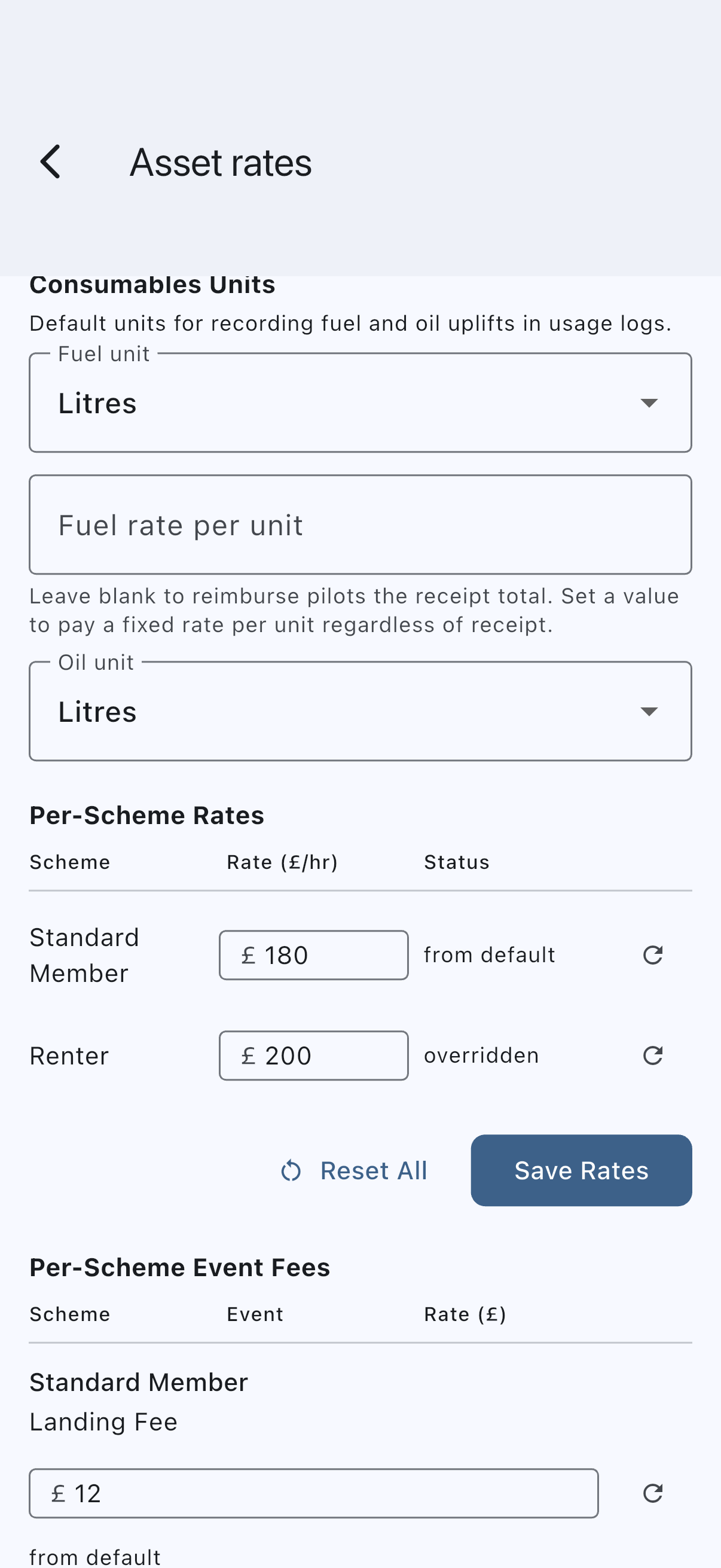 The Per-Scheme Rates table on the Asset rates screen, with an overridden rate entered on one scheme's row and the source tag showing overridden