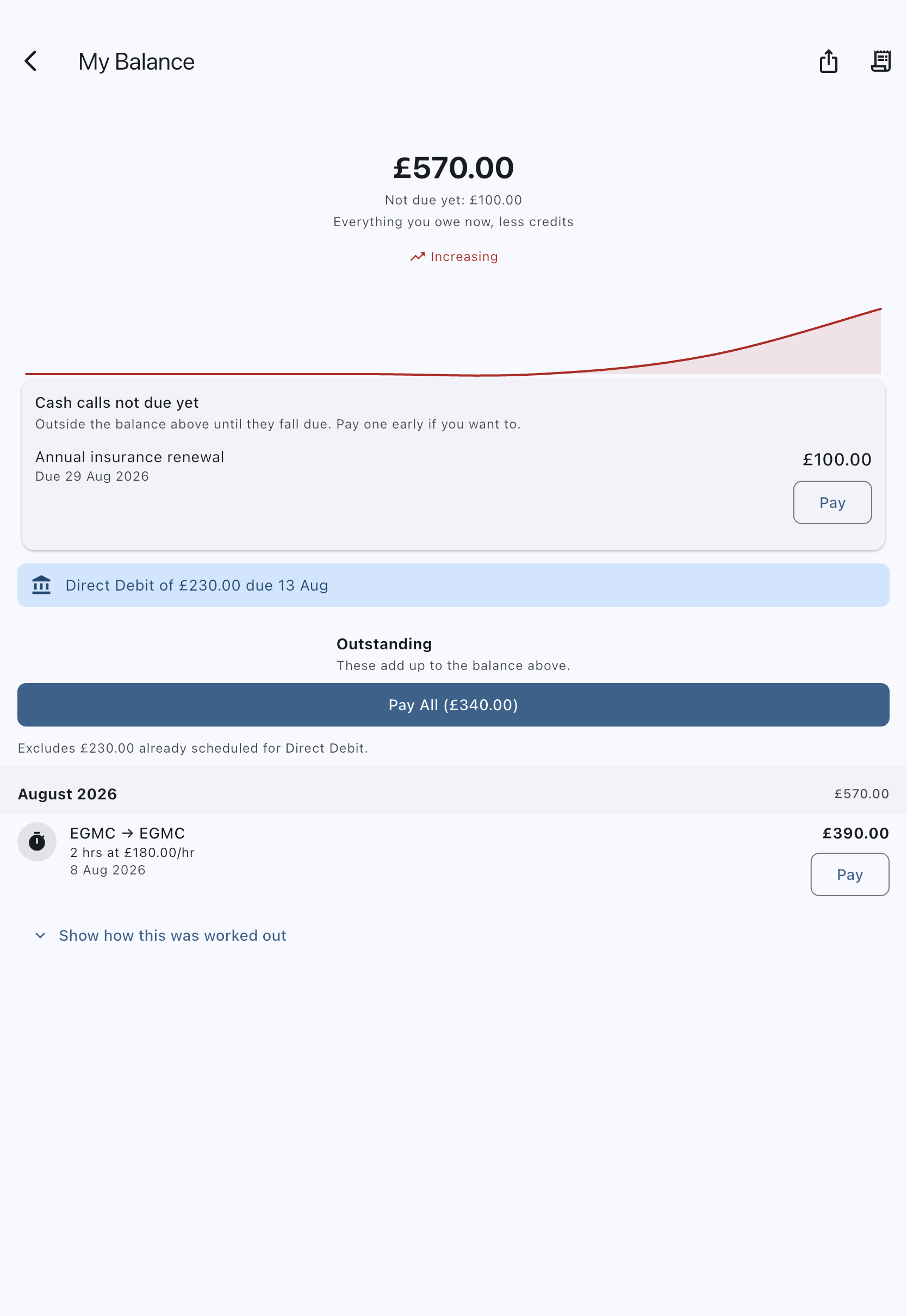My Balance screen showing the Outstanding section, with a Pay button beside the charge that can be paid by card, a DD pill on the two a pending Direct Debit is already collecting, and a Pay All button carrying the payable total