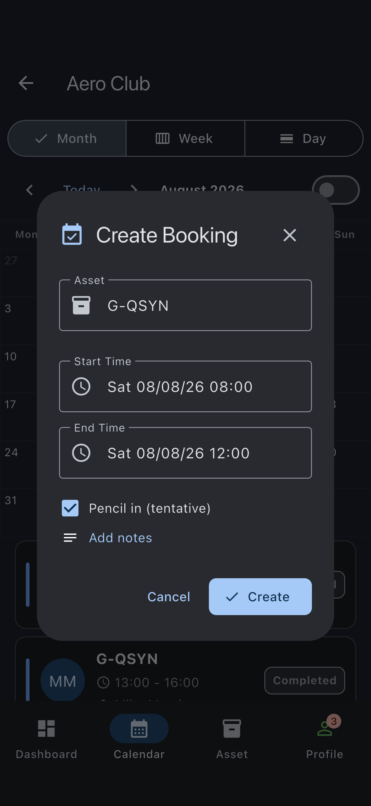 The create-booking dialog with the Pencil in (tentative) checkbox ticked