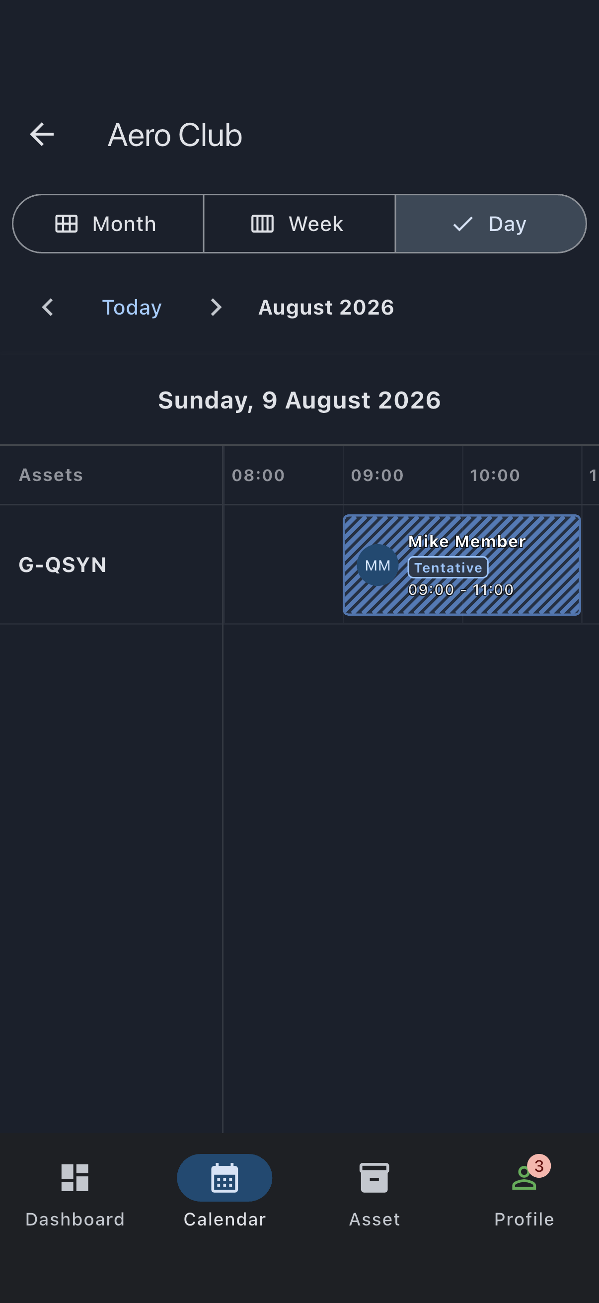 A tentative booking on the calendar, drawn with a diagonal-hatched pattern and labelled Tentative