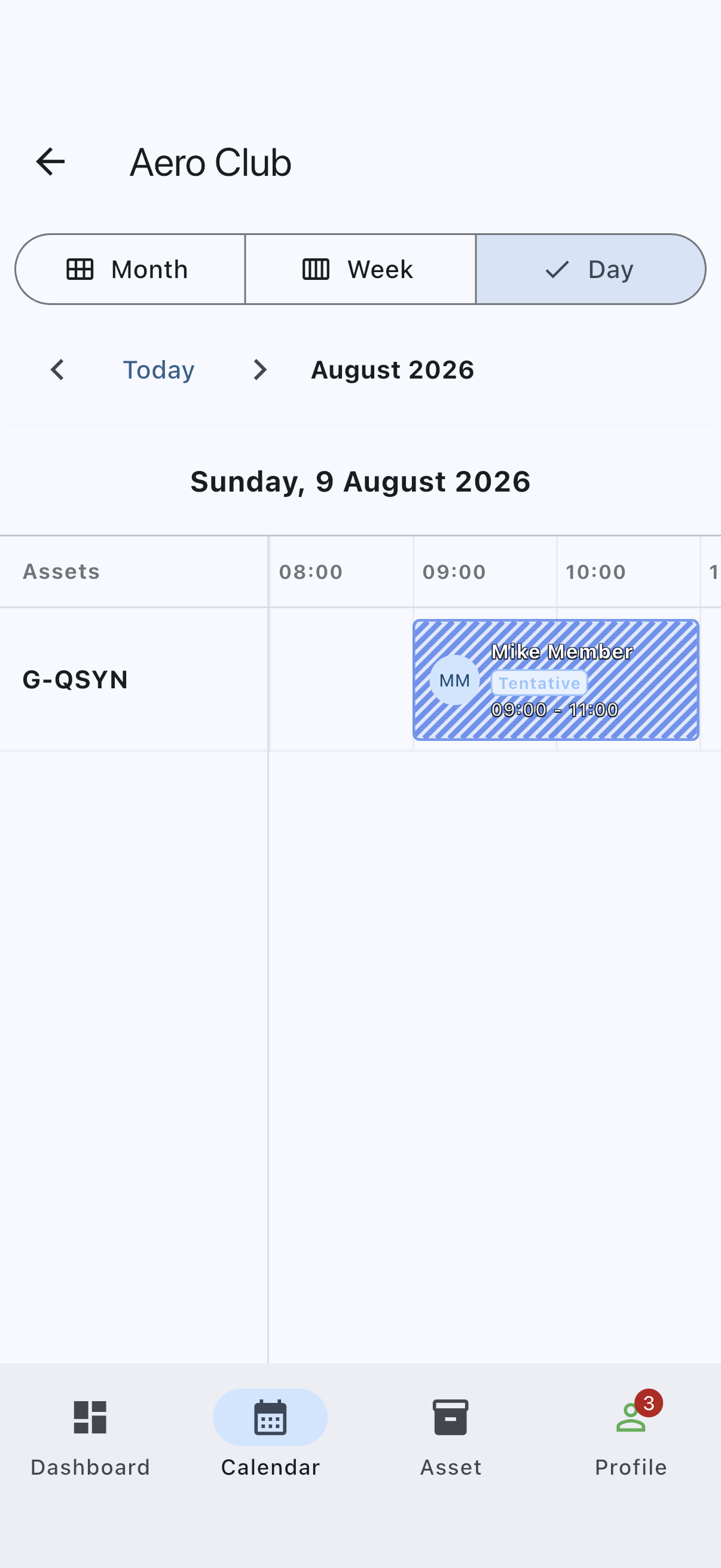 A tentative booking on the calendar, drawn with a diagonal-hatched pattern and labelled Tentative