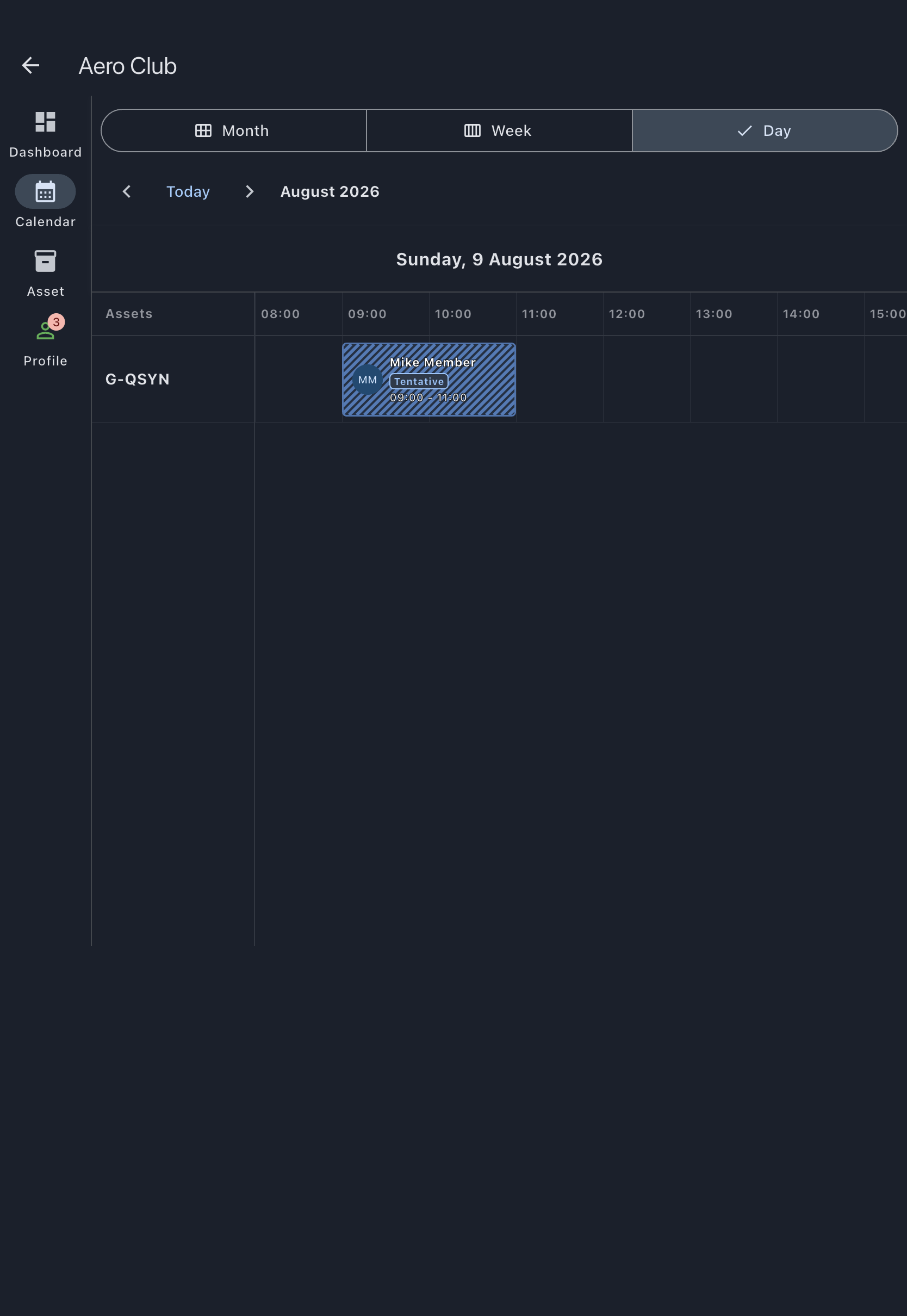 A tentative booking on the calendar, drawn with a diagonal-hatched pattern and labelled Tentative