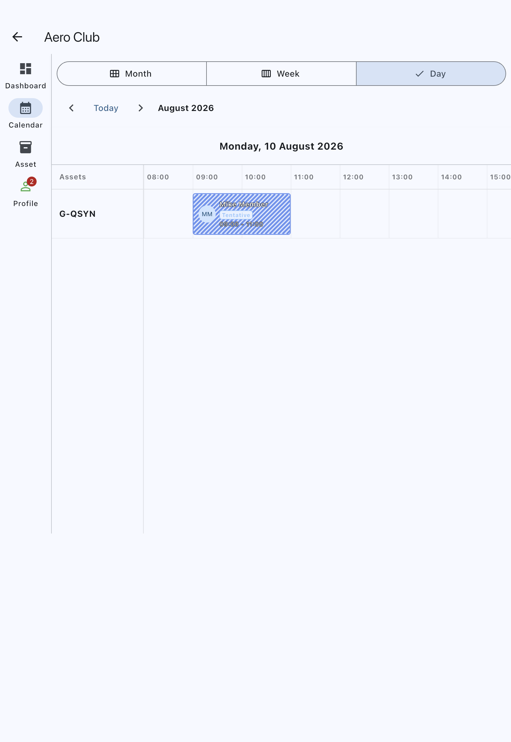 A tentative booking on the calendar, drawn with a diagonal-hatched pattern and labelled Tentative