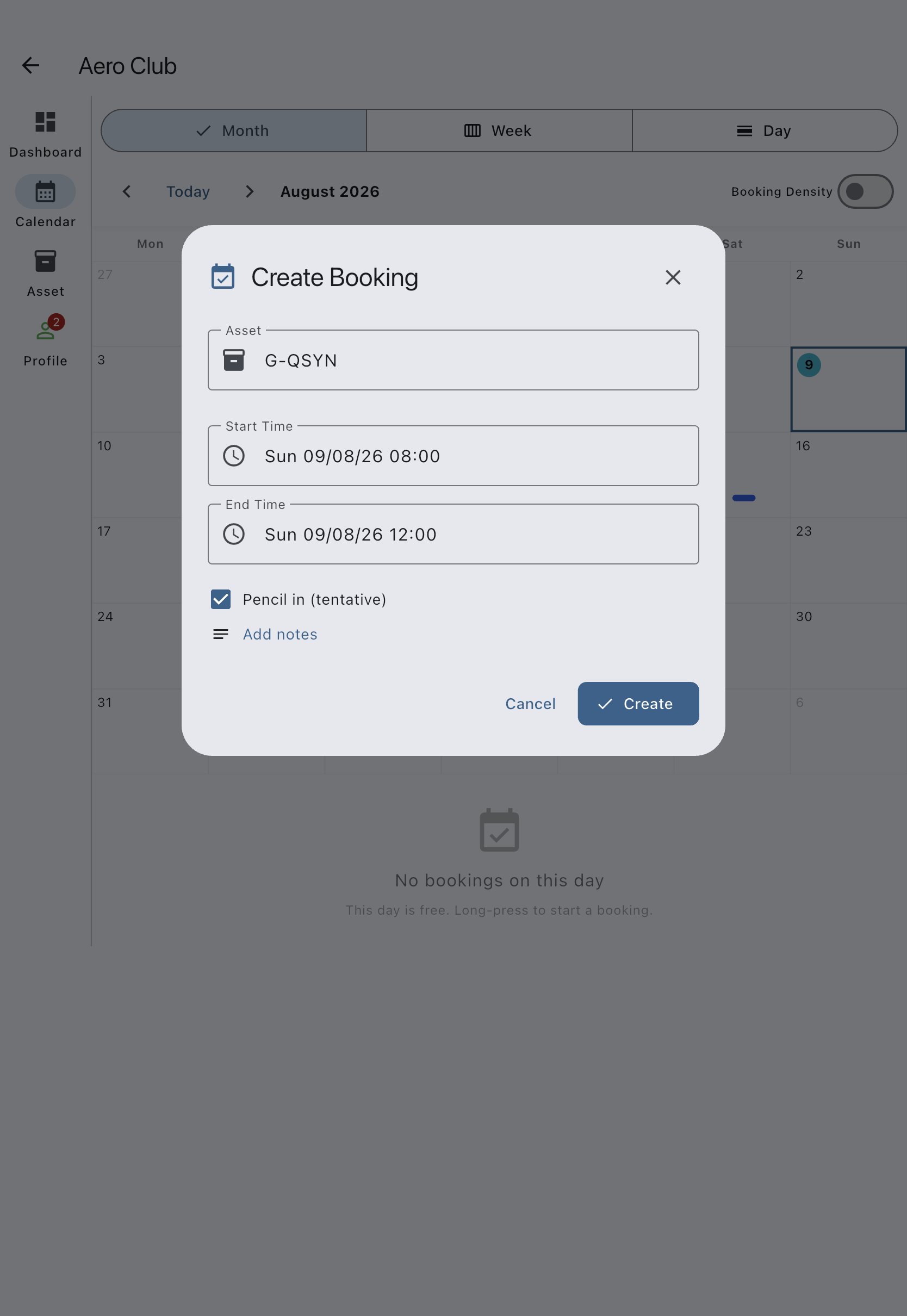 The create-booking dialog with the Pencil in (tentative) checkbox ticked