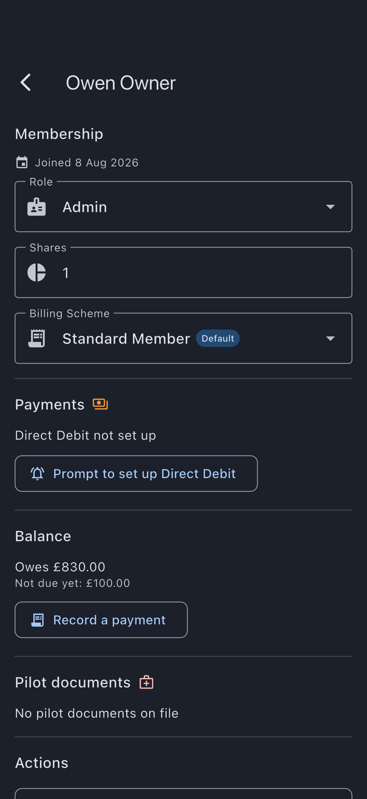 A member's detail screen with a Payments section reading Direct Debit not set up above a Prompt to set up Direct Debit button, between the Membership fields and the member's balance