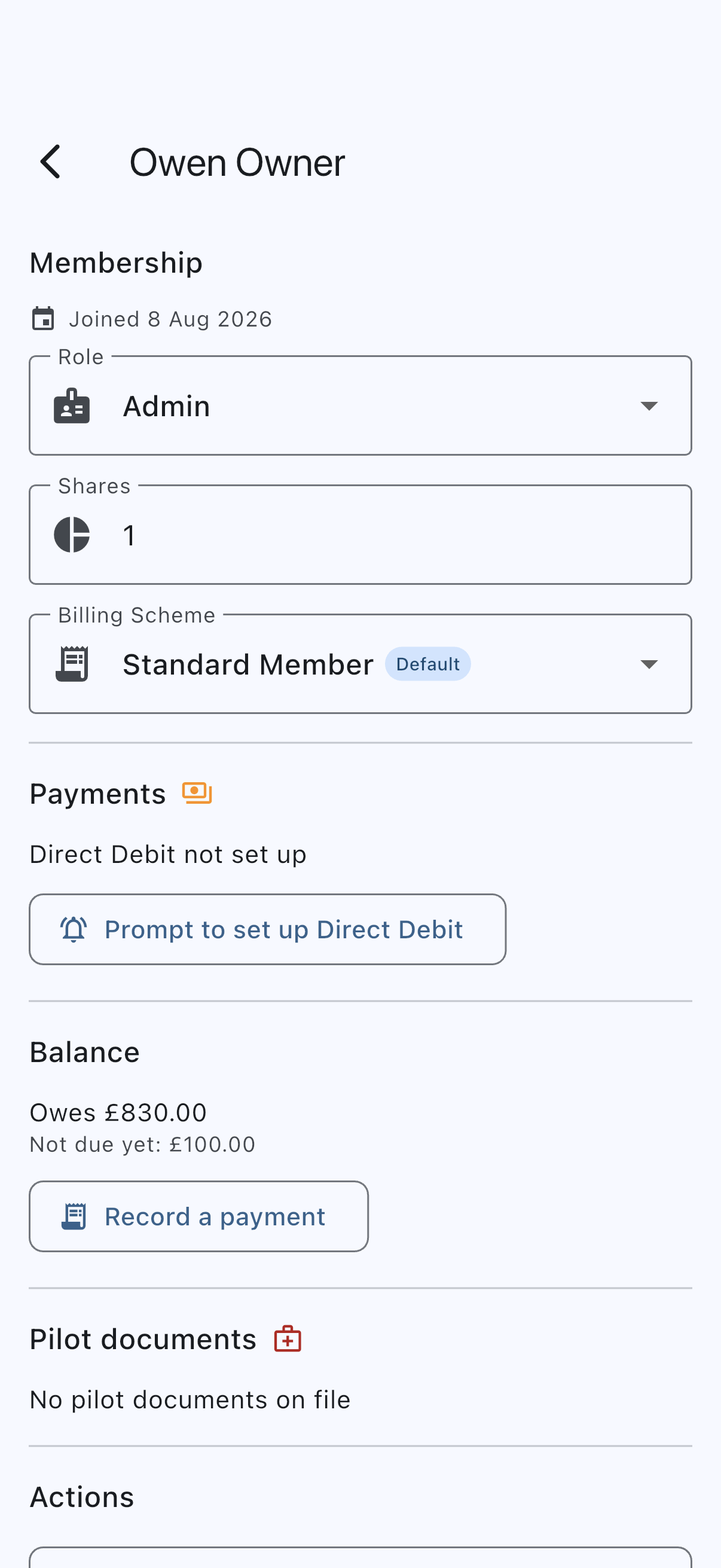 A member's detail screen with a Payments section reading Direct Debit not set up above a Prompt to set up Direct Debit button, between the Membership fields and the member's balance